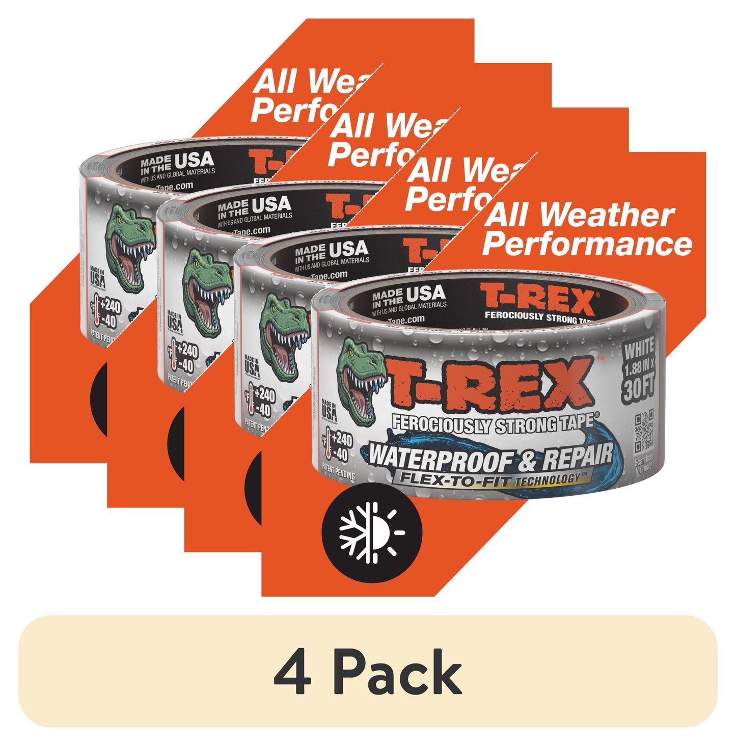 (4 pack) T-Rex Ferociously Strong White Waterproof and Repair Tape 1.88 in x 10 yd