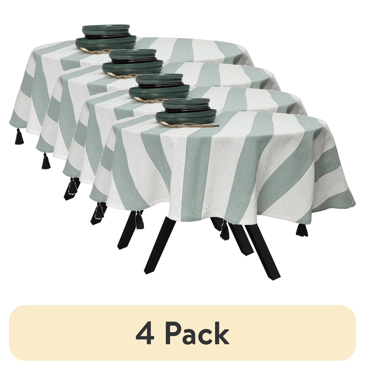 (4 pack) Thyme & Table 70" Round Tablecloth, Green and White with Black Tassels