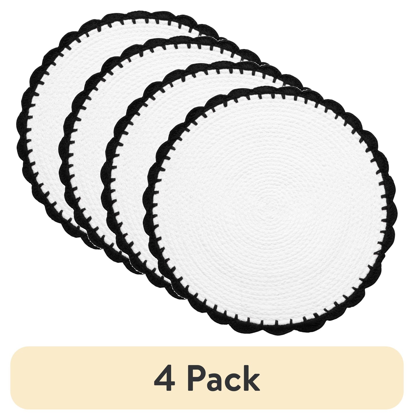(4 pack) Thyme & Table Placemat, White Crochet with Black Trim, 15" Round
