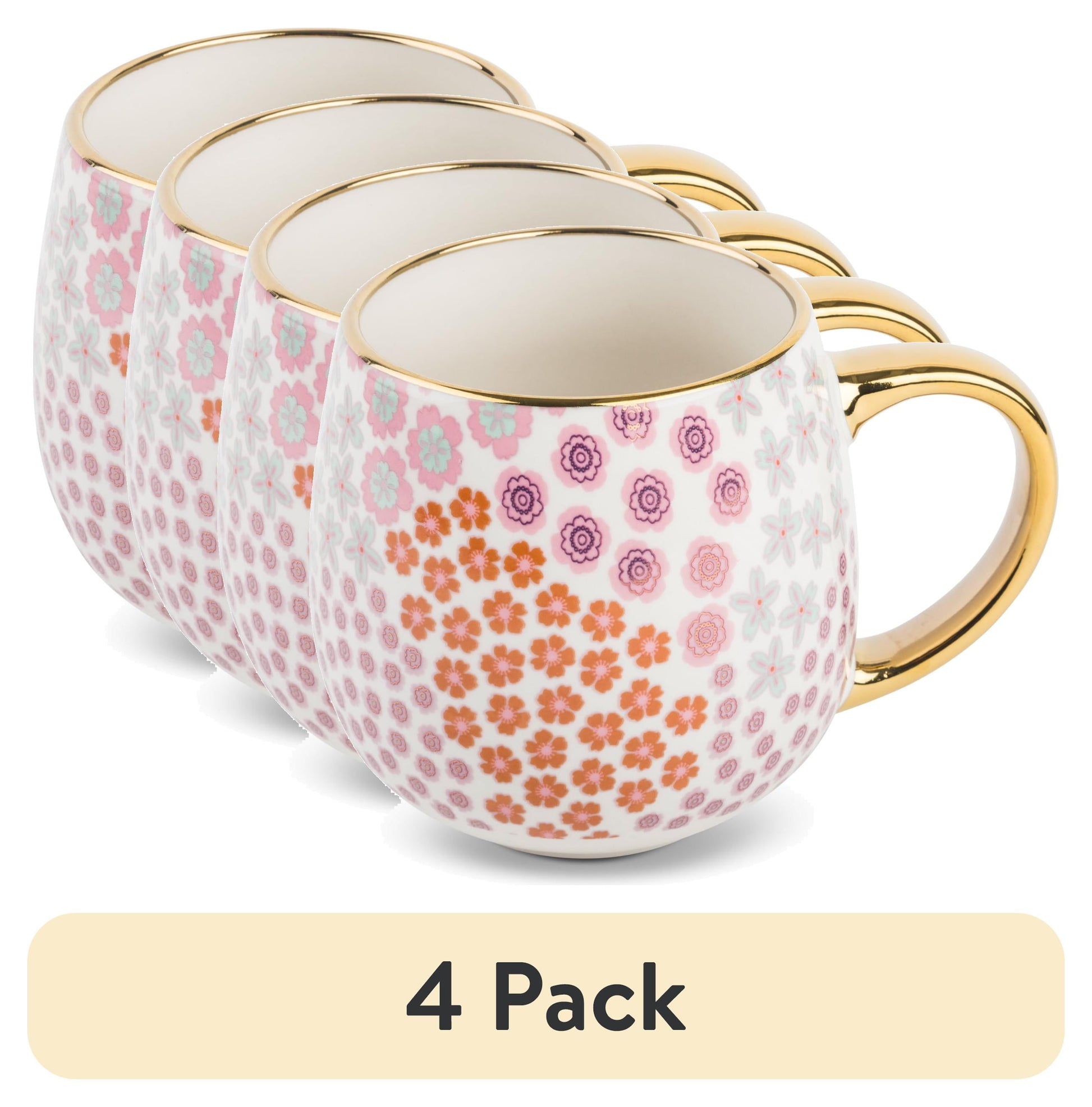 (4 pack) Thyme & Table Stoneware Gold Floral 16oz Coffee Mug