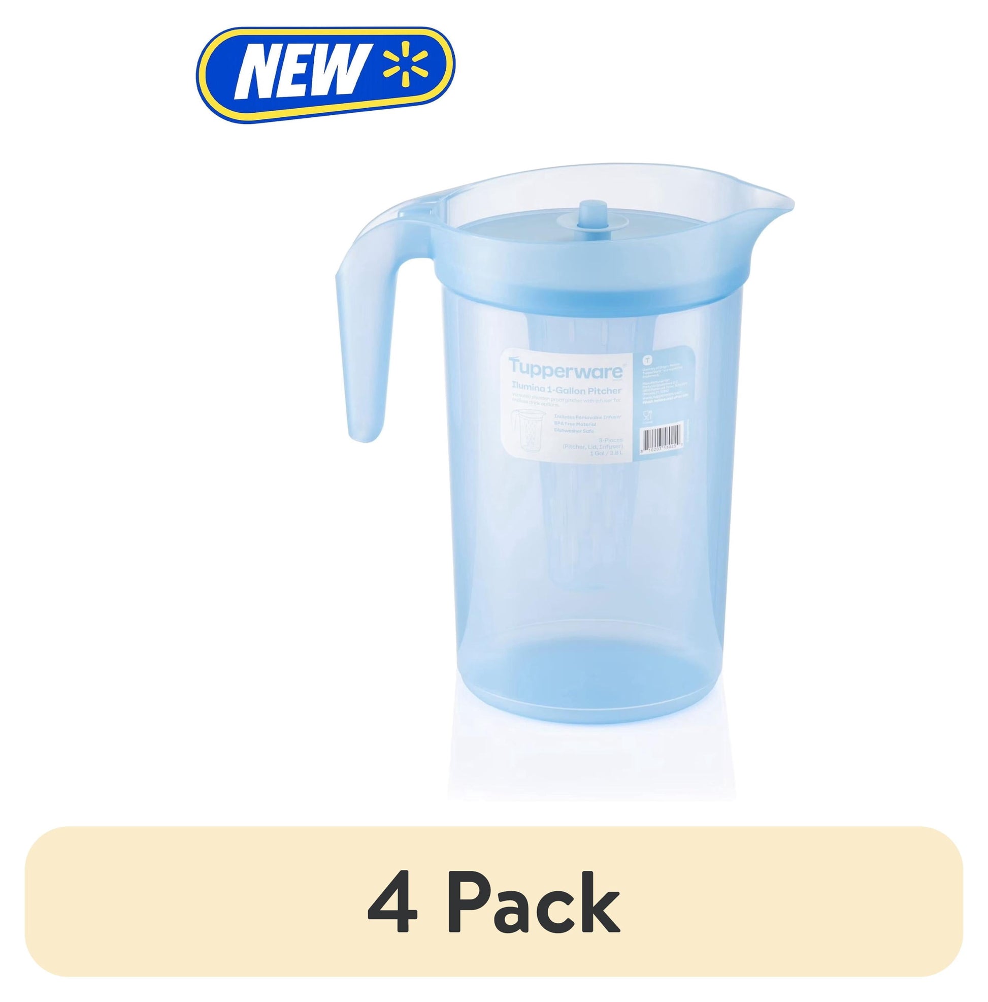 (4 pack) Tupperware Ilumina 1-Gallon Pitcher with Lid and Infuser, Blue
