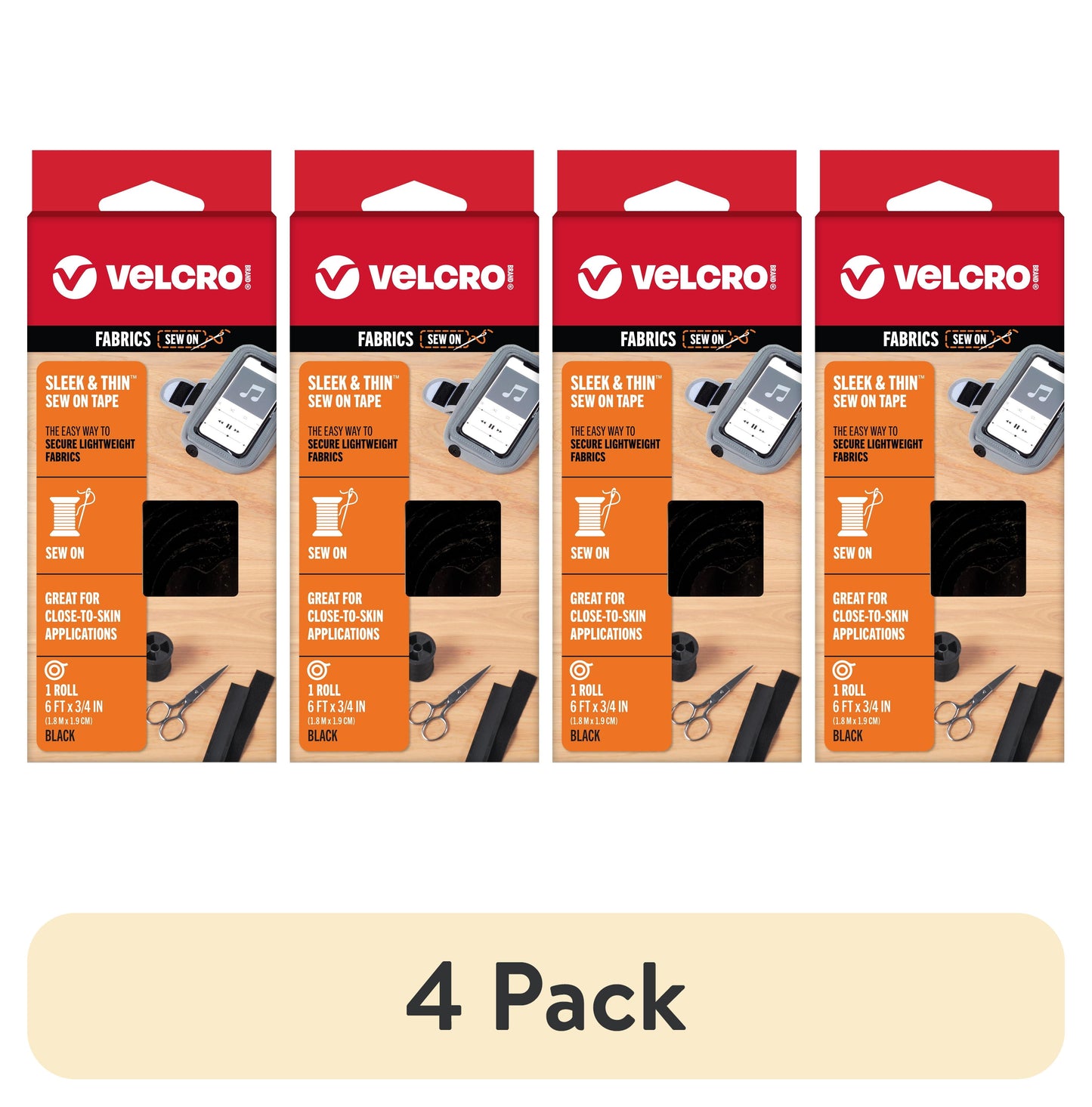 VELCRO Marca Sleek and Thin para Telas Cinta de 6 Pies x 3/4 Pulgadas, Negro Suave en la Piel Ultra Ligero con TecnologÃ­a de Carril de Costura VEL-30185-USA