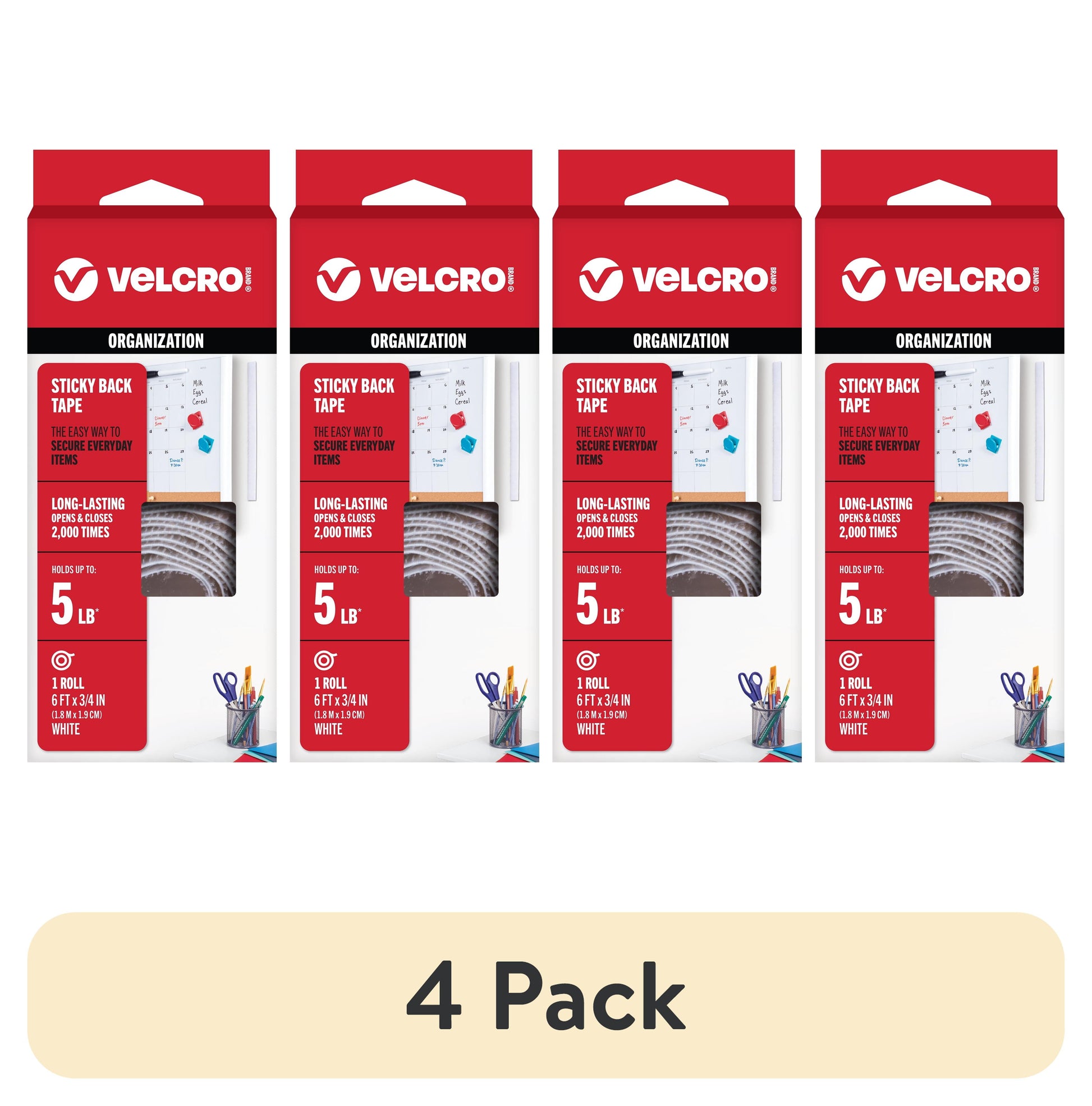 (4 pack) VELCRO Brand Sticky Back Roll | Classroom and Office Organization | White 6ft x 3/4" Roll of Tape