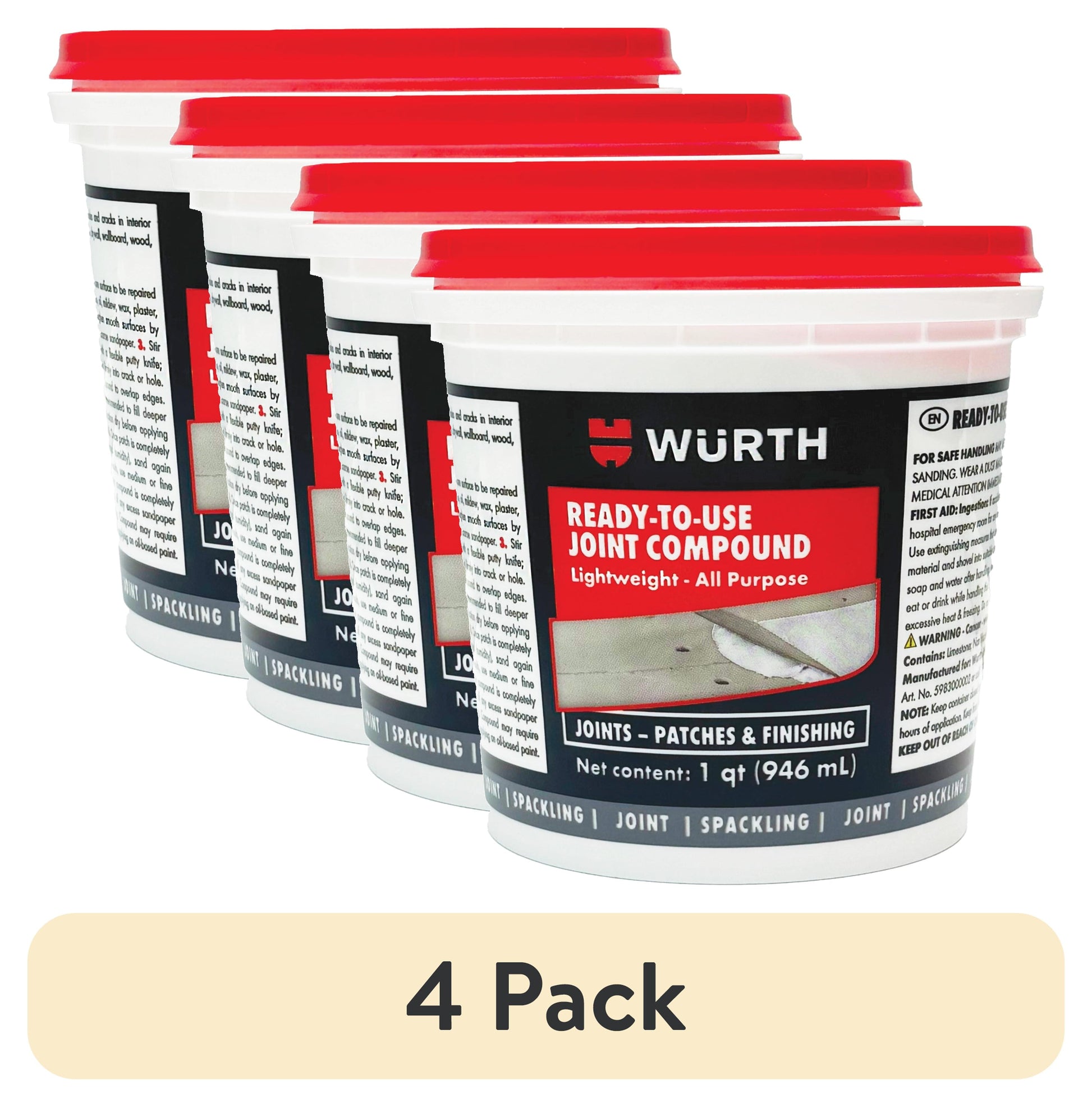 (4 pack) WÃ¼rth Ready-to-Use Lightweight Joint Compound, 32oz (1 Quart), Pre-Mixed