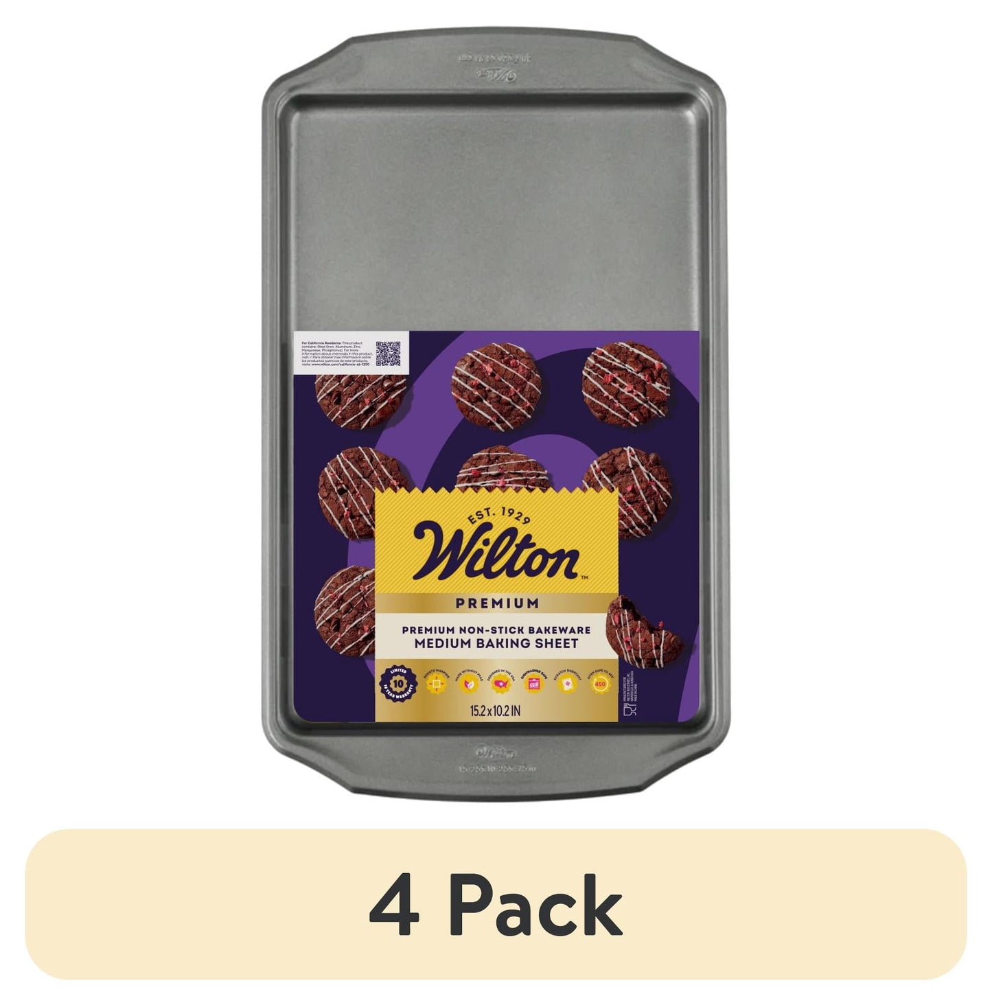 (4 pack) Wilton Premium Steel Non-Stick Medium Cookie Sheet 10x 15 Baking Pan with Handles Rectangular Shape, Packaging May Vary