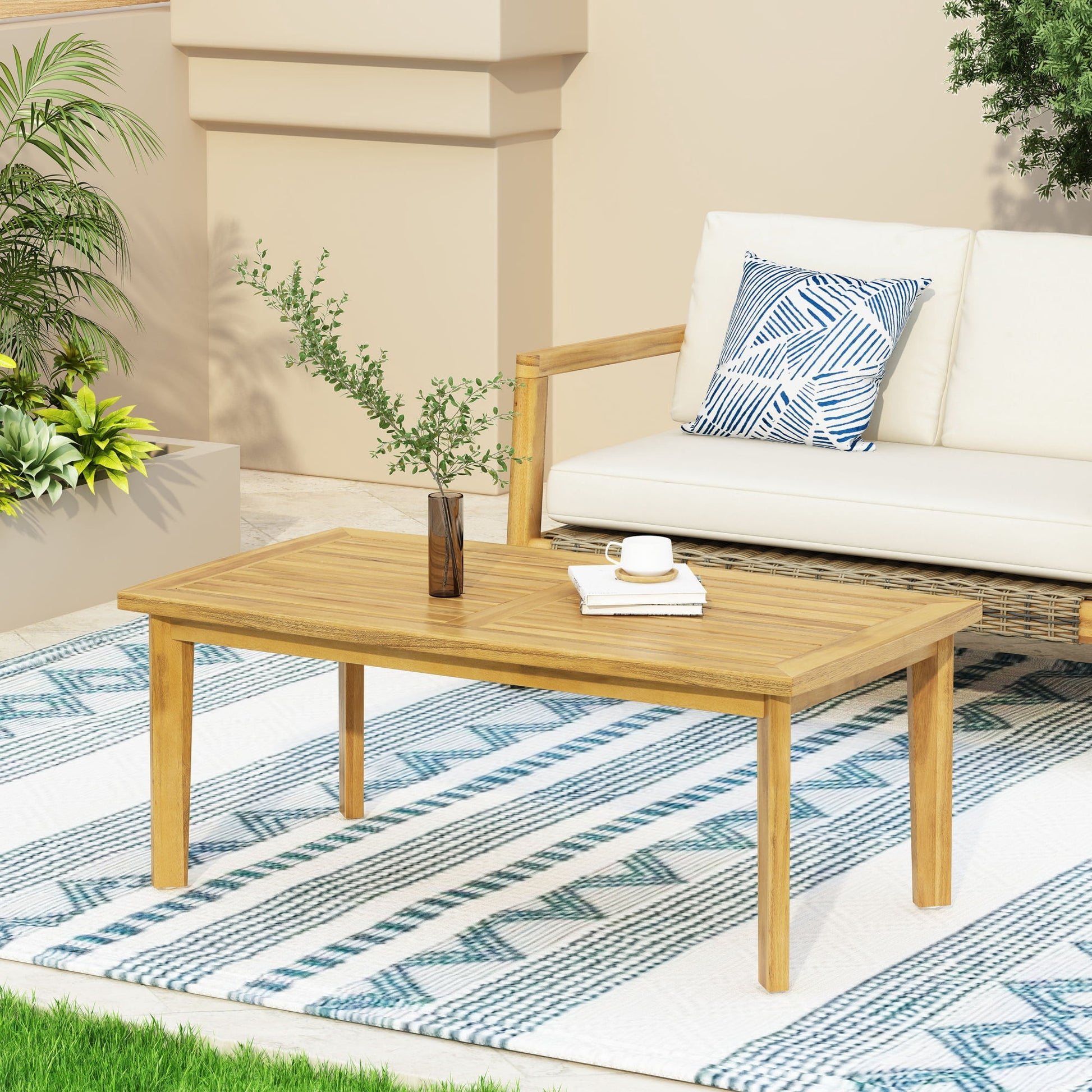 43.25-Inch Outdoor Acacia Wood Rectangular Coffee Table with Slatted Top and Tapered Legs, Patio Table for Backyard, Brown