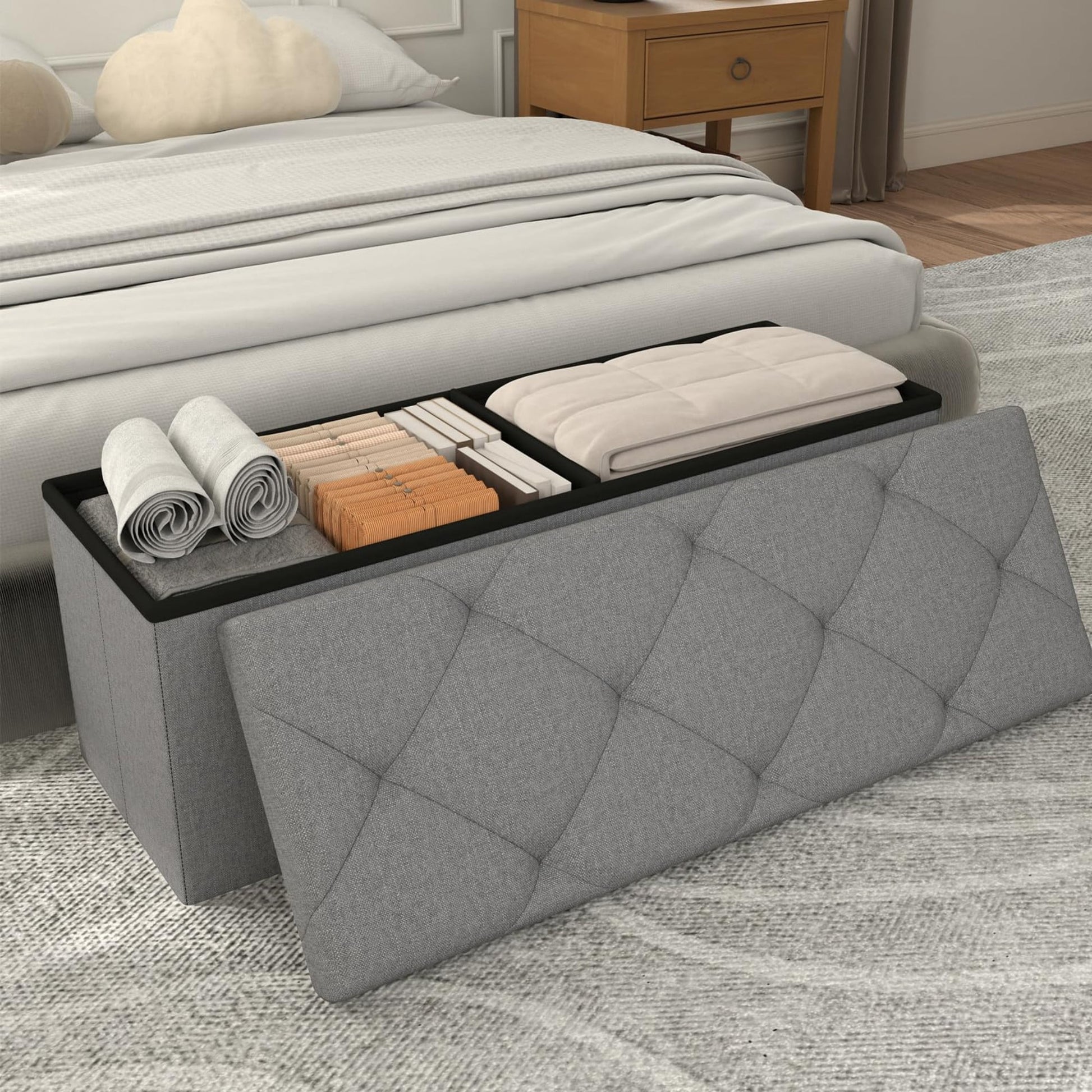 30" Storage Ottoman Bench, Folding Storage Bench Ottoman with Lid, 400 lbs Capacity, Fabric Footrest Seat for Bedroom Living Room Entryway, Grey