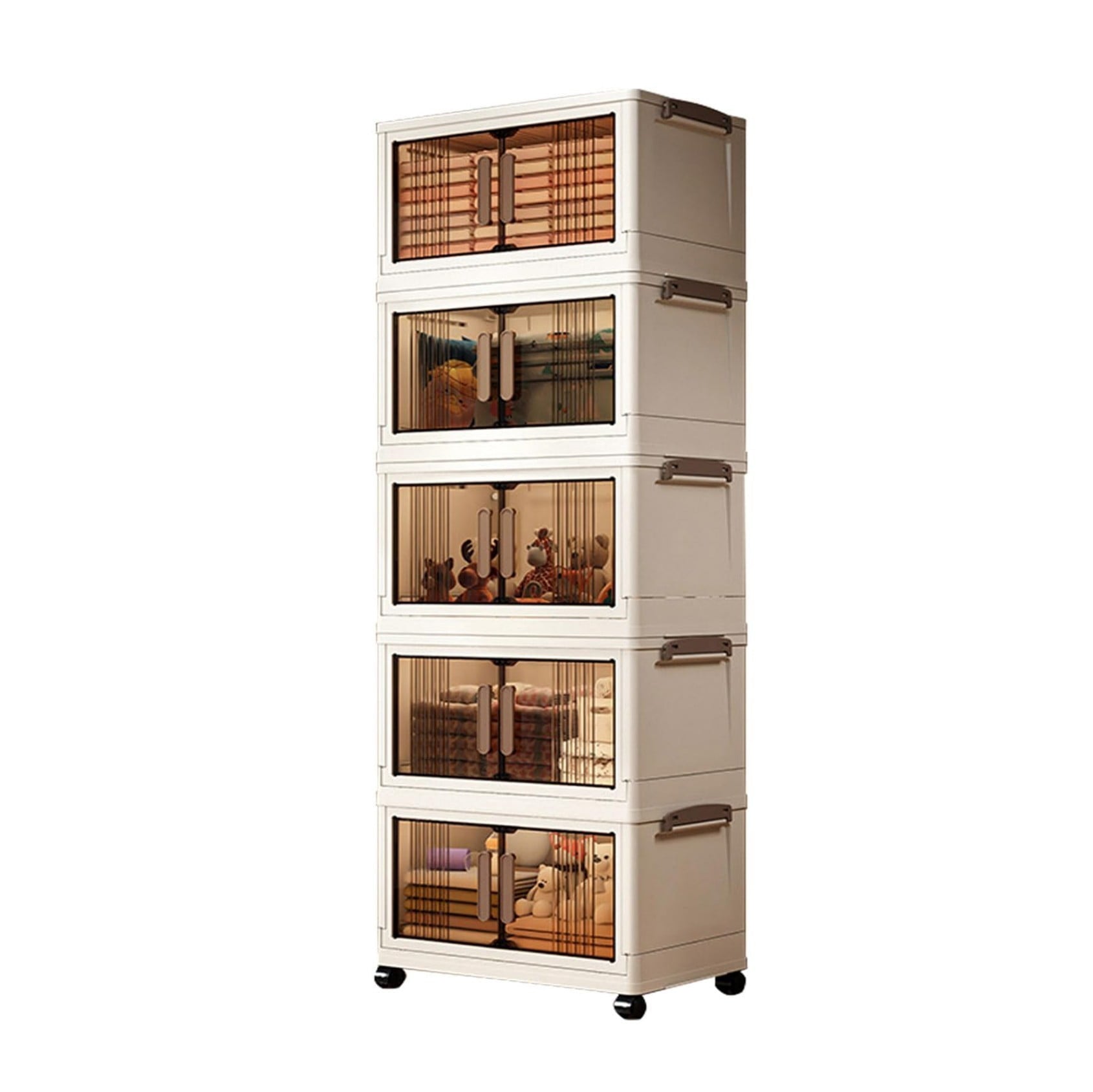 45"H Stackable Storage Cabinet with Doors & Wheels, Adjustable 5 Tier Plastic Organizer Bin for Home, Office, Garage Storage, White