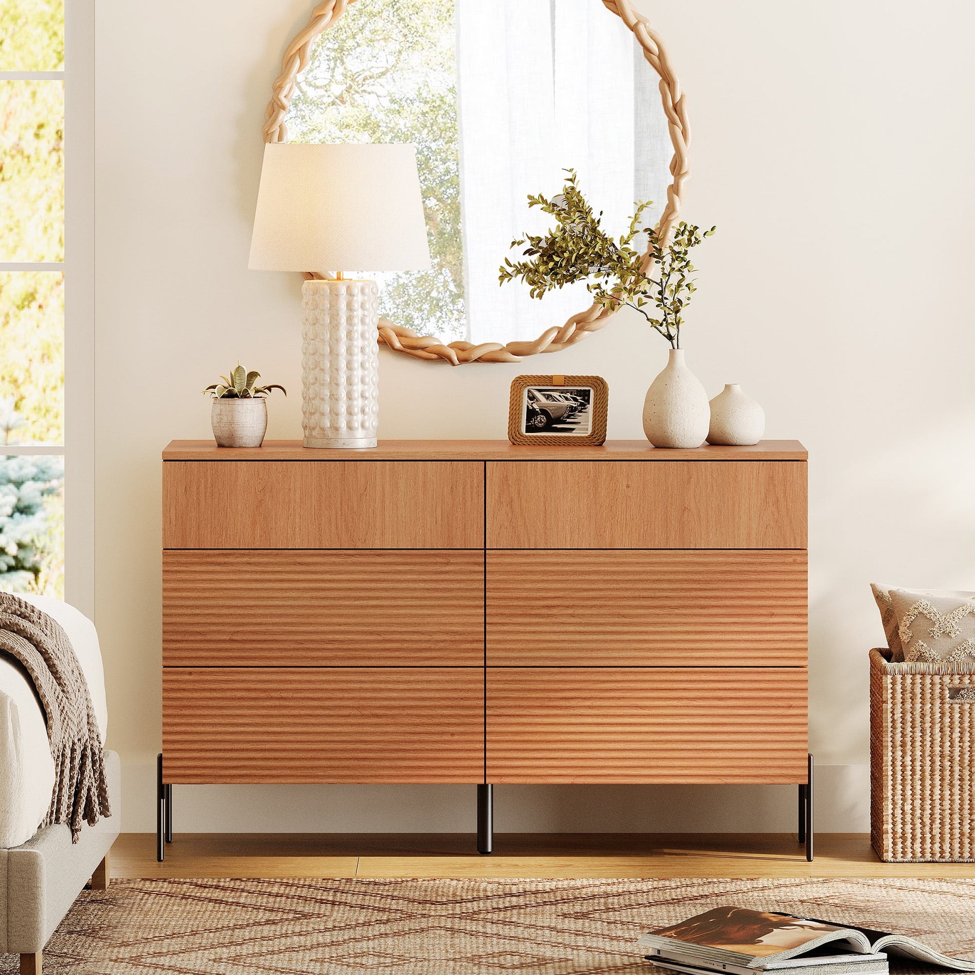 47.2" Modern 6 Drawer Dresser TV Stand For 55 Inch TV, Entertainment Center With Minimalist Reeded Design, Wood TV Console With Storage For Living Room