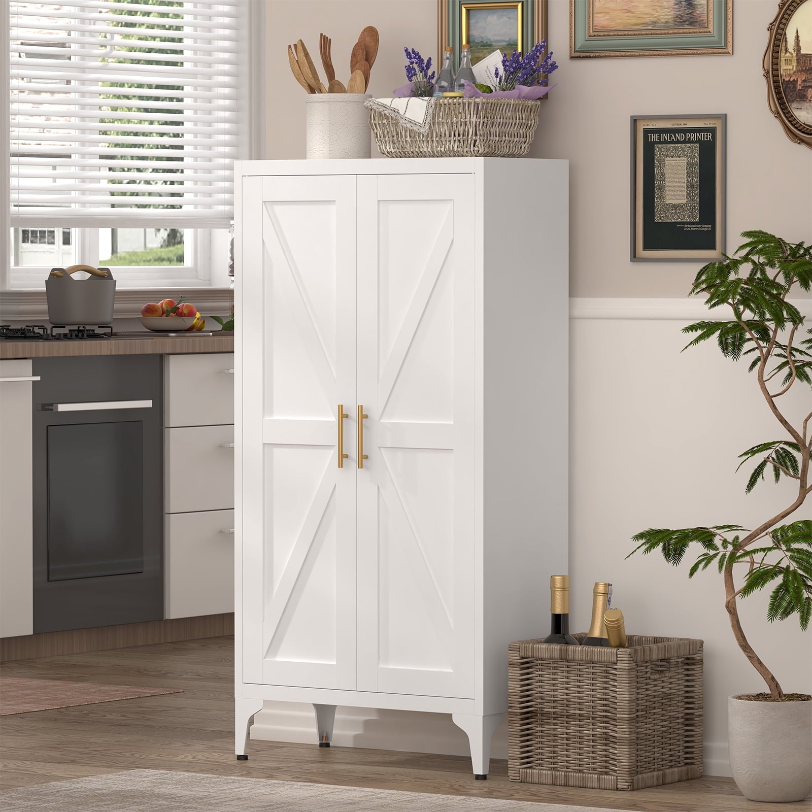 47"H Metal Storage Cabinet Kitchen Pantry Cabinet With Adjustable Shelves for Kitchen,Living Room,Dining Room,Office,White