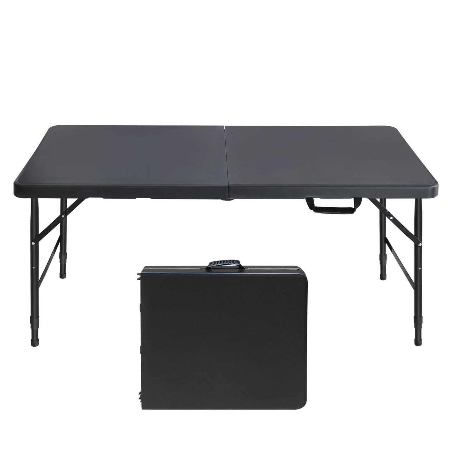 4ft Black Portable Folding Table, Indoor Outdoor HDPE Foldable Table with 25mm Powder Coated Steel Legs, Triangular Reinforced Frame, 135KG Max Load for Camping BBQ Parties Events