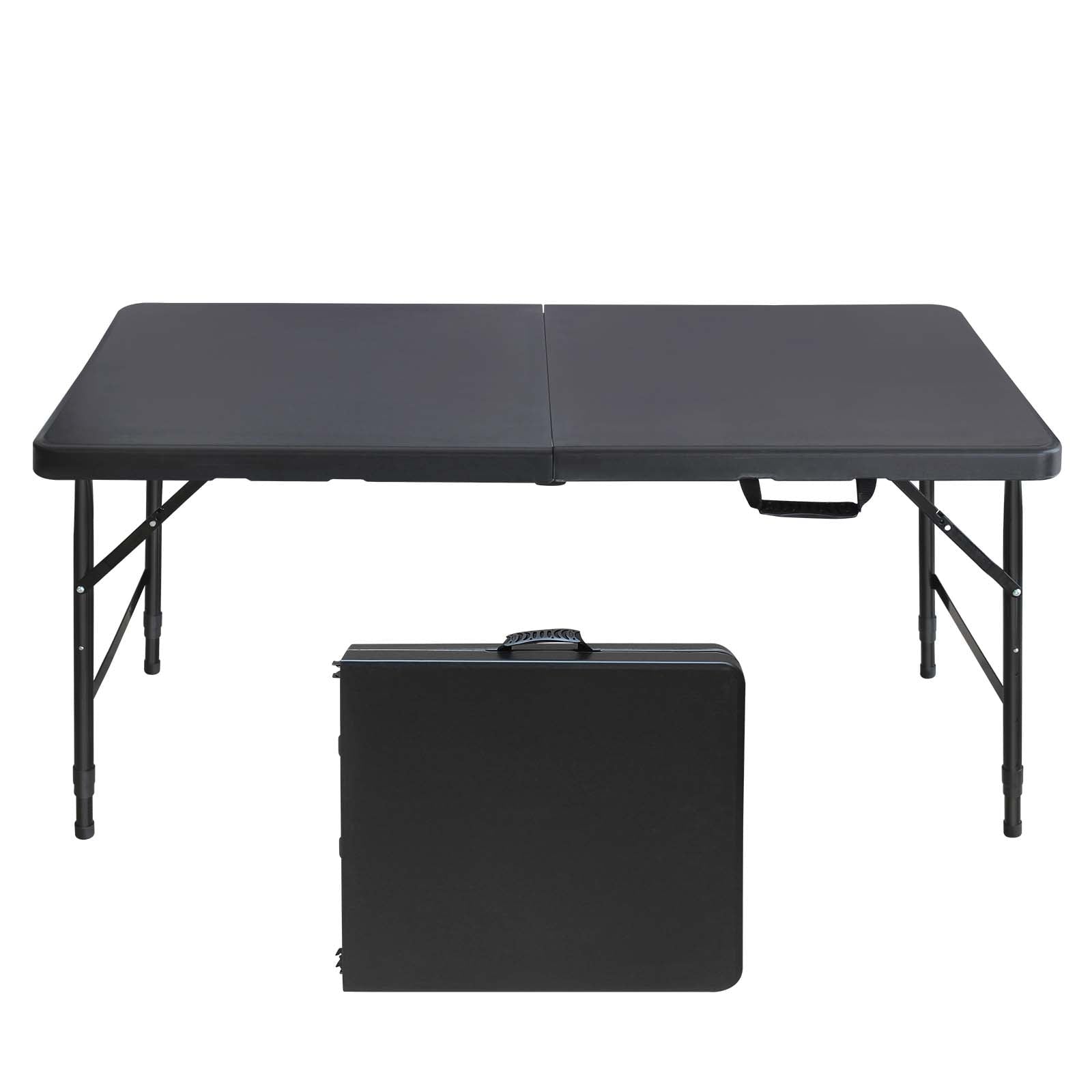 4ft Black Portable Folding Table, Indoor Outdoor HDPE Foldable Table with 25mm Powder Coated Steel Legs, Triangular Reinforced Frame, 135KG Max Load for Camping BBQ Parties Events