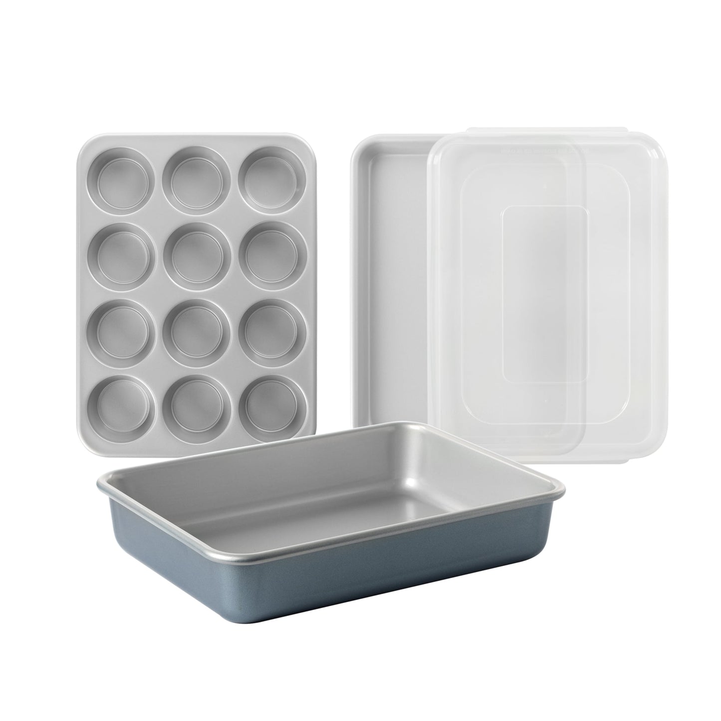 4pc Nordic Ware Nonstick Aluminum Brilliant Bakeware Quarter Sheet, 9x13 Cake Pan and Muffin with Lid, Silver and Blue