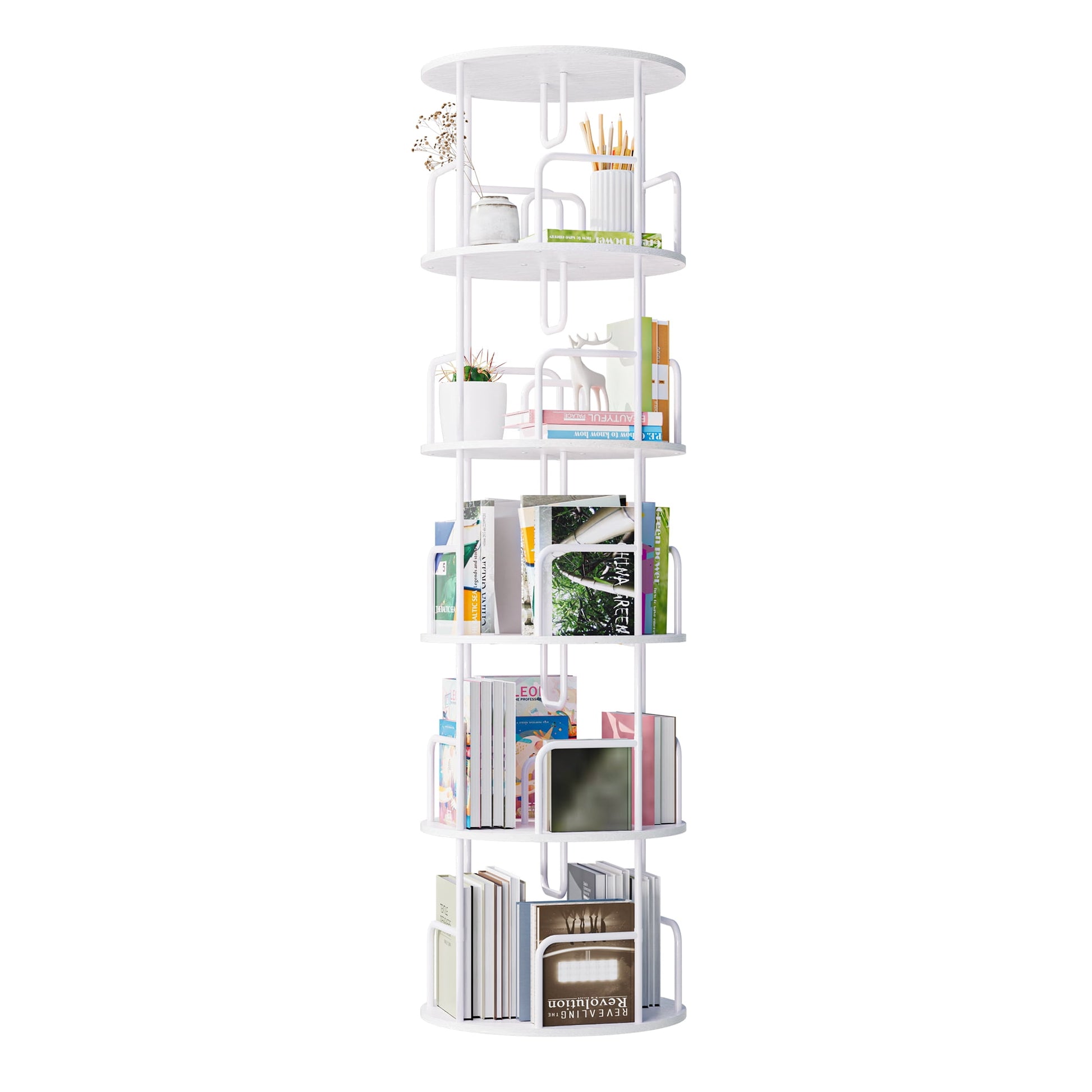 5-Tier 360Â° Rotating Bookshelf Tower, Spinning Round Narrow Tall Book Storage Organizer for Bedroom Living Room Office