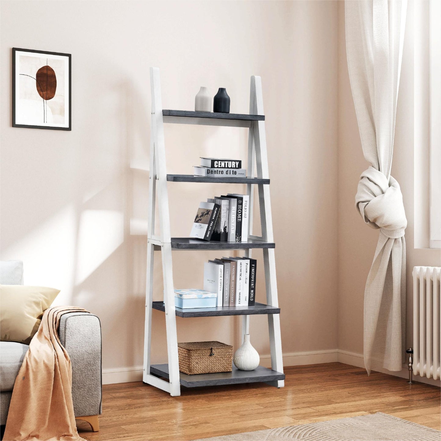5-Tier Bookshelf,Modern Ladder Bookcase,5 Shelves Storage Rack Ladder Shelf for Living Room, Home Office,Brown