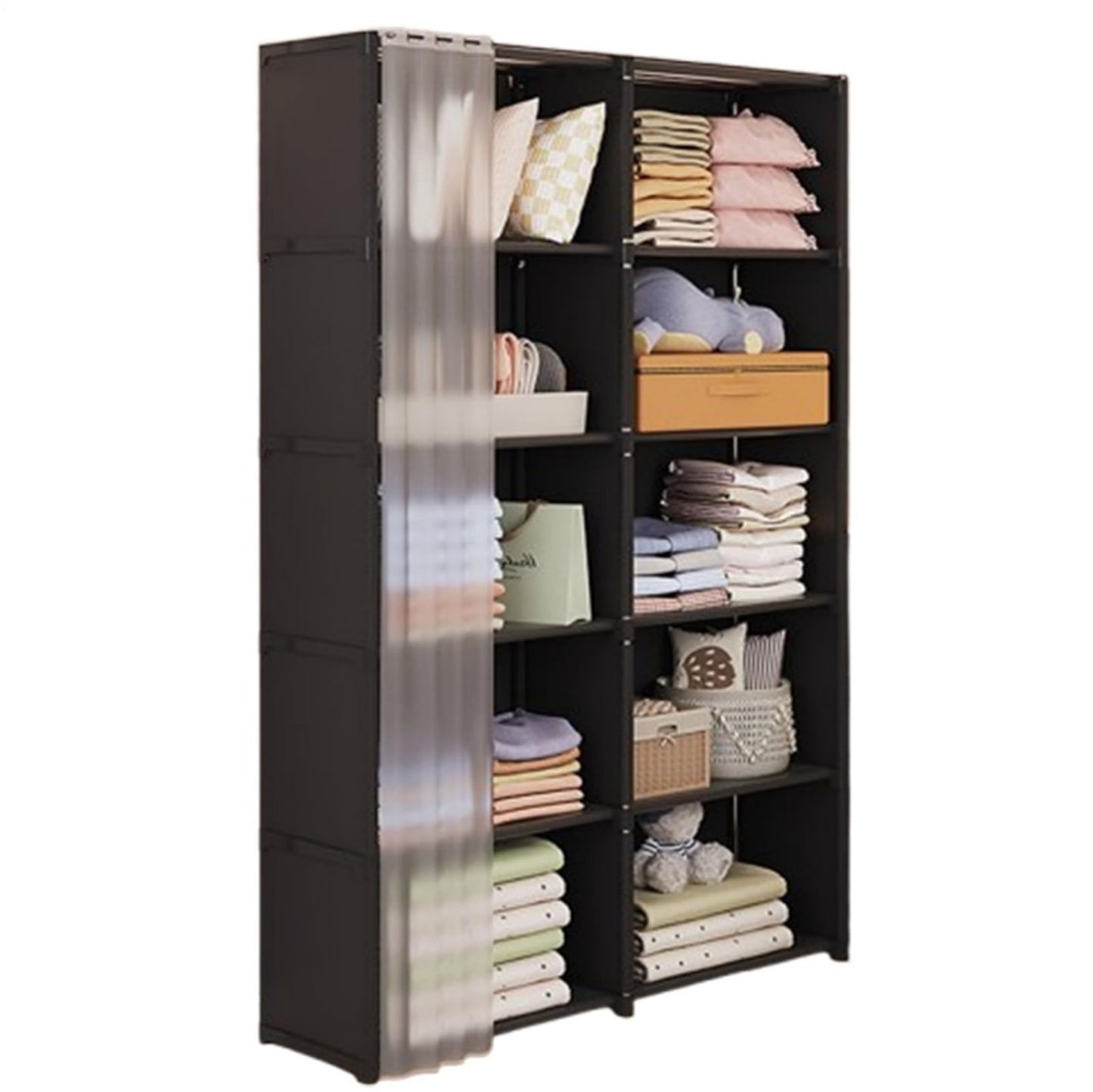 5 Tier Freestanding Bookcase with Curtain, 10 Grid Open Bookshelf Storage Organizer, Tall Display Shelf for Bedroom Living Room Office, Black