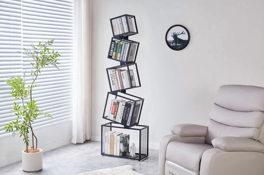 5 Tier Geometric Metal Bookshelf, Narrow Floor Bookcase, Space Saving Organizer for Living Room Bedroom Office, Black, 72 Inch Height