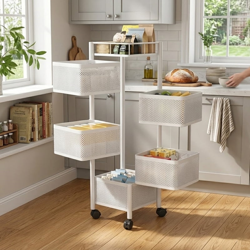 5-Tier Rotating Kitchen Storage Cart, Metal Fruit Basket with Wheels, Rolling Kitchen Storage Rack Storage Organizer Serving Cart for Kitchen Bathroom