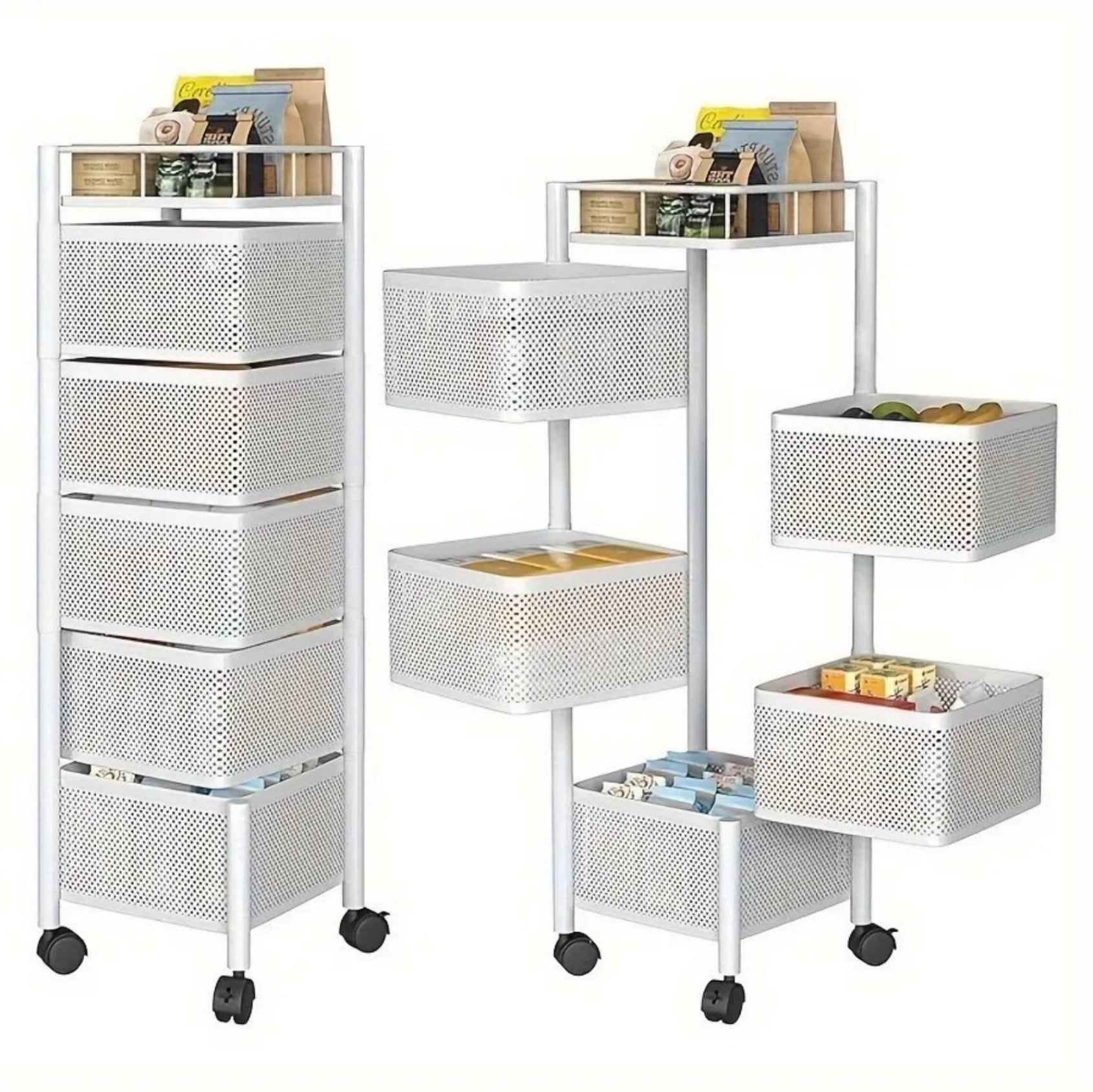 5 Tier Rotating Kitchen Storage Rack with Wheels, Metal Mesh Rolling Organizer Cart for Fruit Vegetable Snack Storage, White