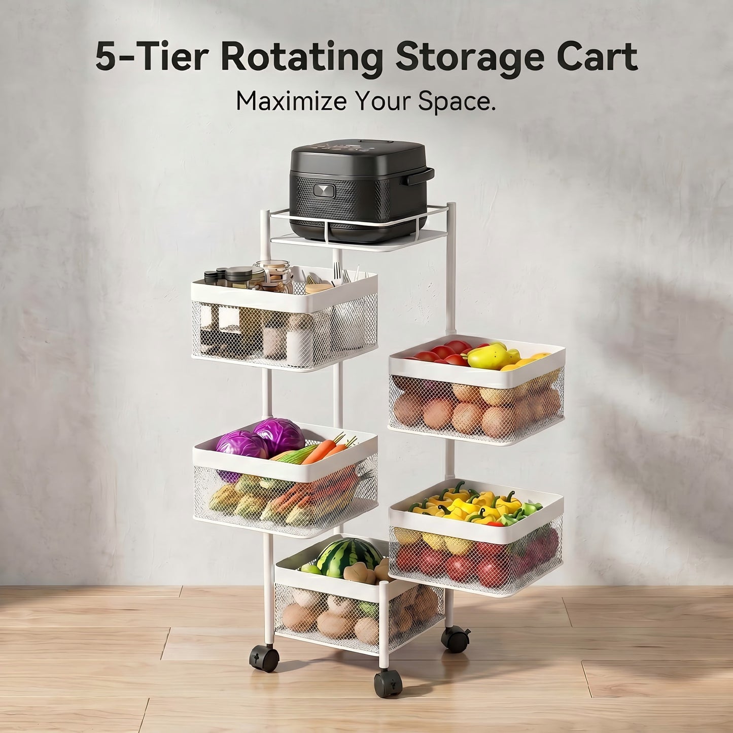 5-Tier Rotating Storage Cart, Square Metal Kitchen Utility Cart on Wheels, 360Â° Swinging Wire Basket Organizer Rack for Fruit, Vegetable, Pantry, Bathroom and Living Room, WHITE