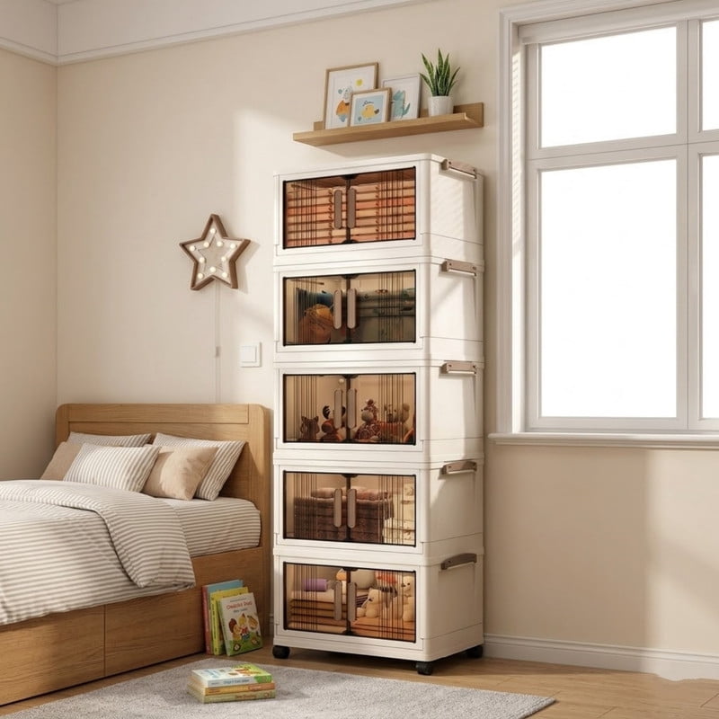 5-Tier Stackable Storage Cabinet with Doors and Wheels, Storage Bins with Lids, Collapsible Plastic Storage Cabinet Foldable Closet Organizer