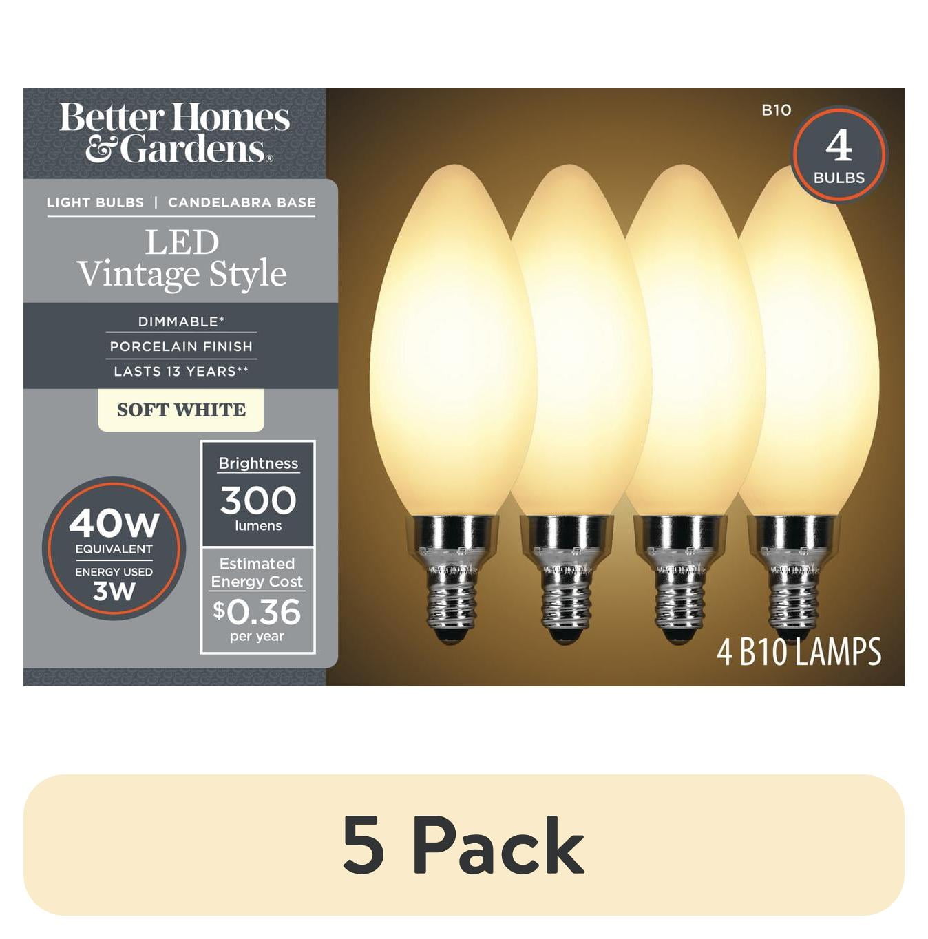 (5 pack) Better Homes & Gardens B10 Vintage LED Light Bulb, 40 watts Soft White Porcelain, E12, Dim, 4 Pack