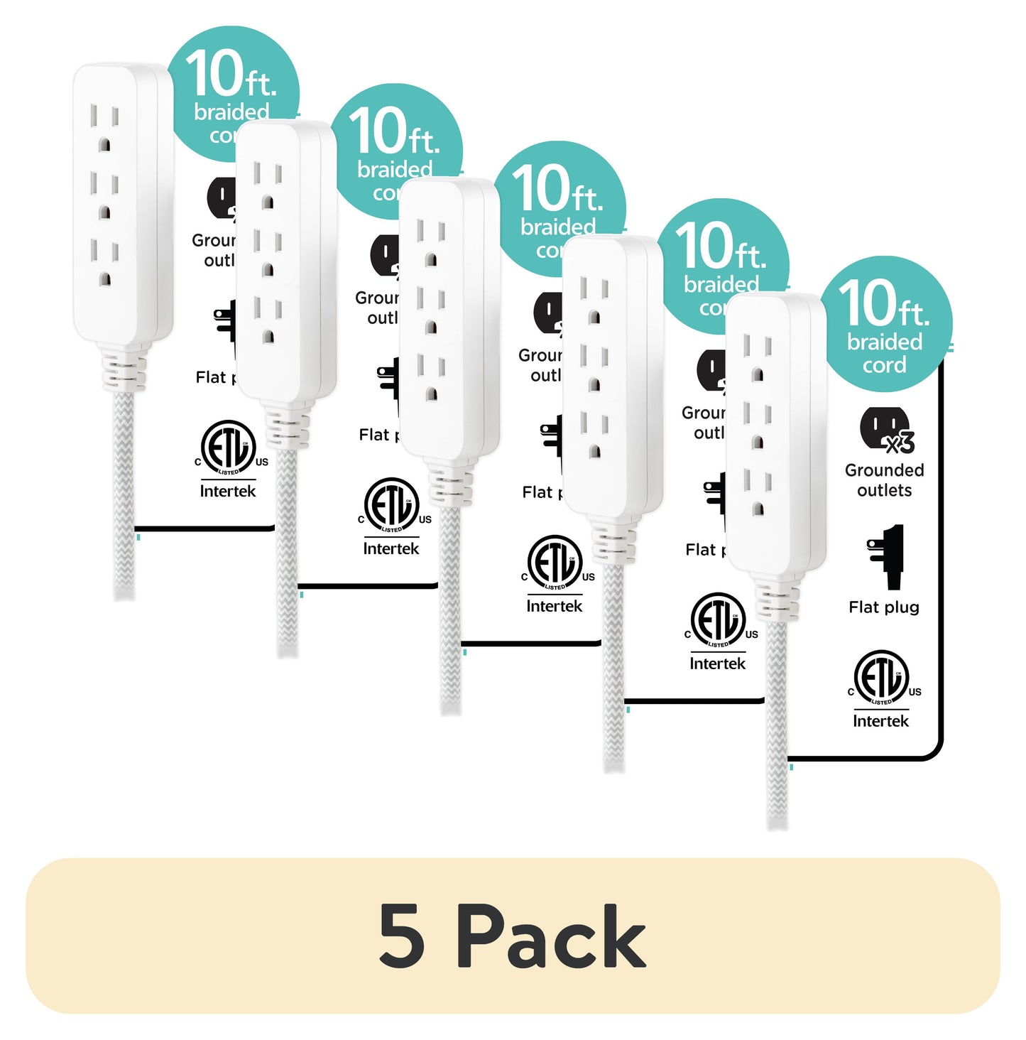 (5 pack) Cordinate 10ft. 3-Outlet Extension Cord, White/Gray â€“ 39624