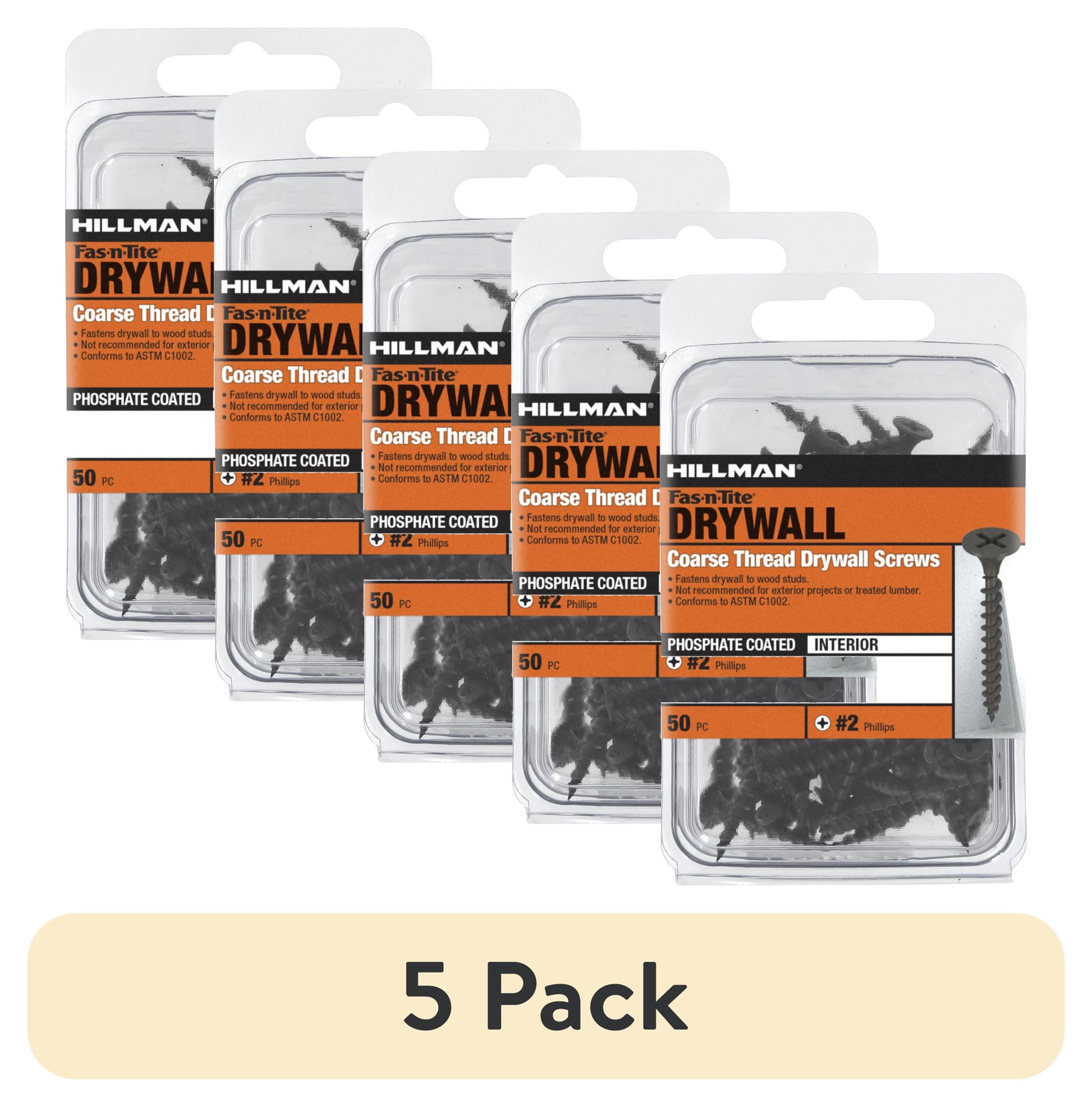 (5 pack) Fas-n-Tite Coarse Thread Drywall Screws, 8 x 3", Steel,  Interior Screws, Phillips, 50 pack