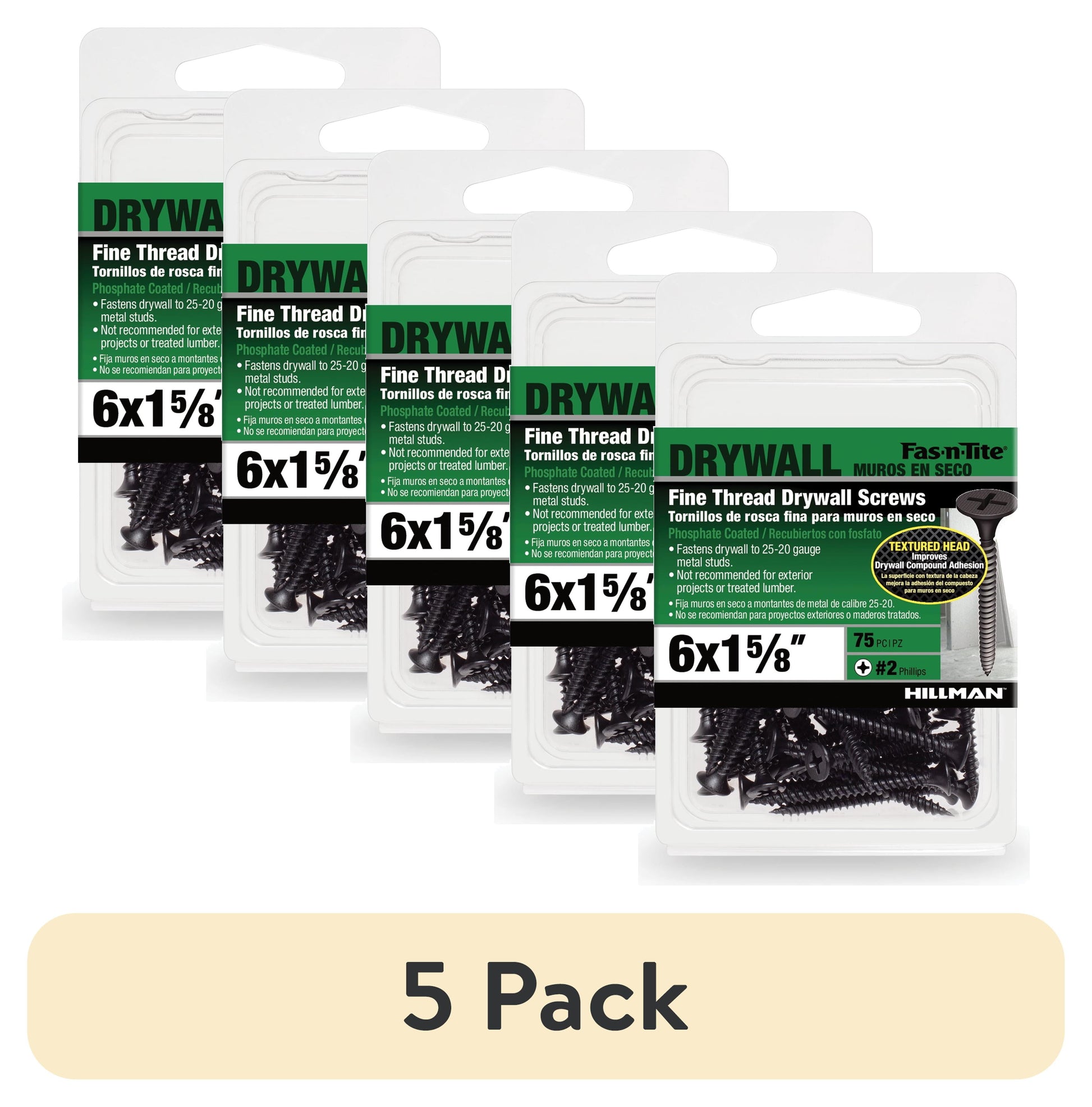 (5 pack) Fas-n-Tite Fine Thread Drywall Screws, #6 x 1-5/8" Interior Screws, Phillips, 75 pack