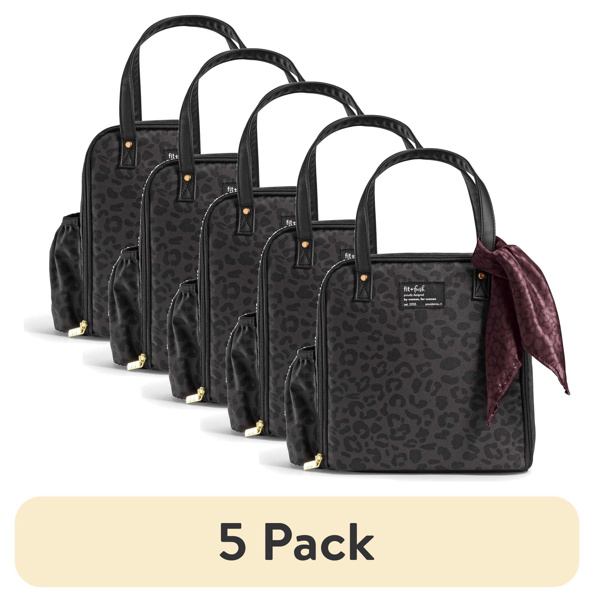 (5 pack) Fit & Fresh Wichita Women's Large Insulated Lunch Bag with Fashion Scarf, Cheetah Black