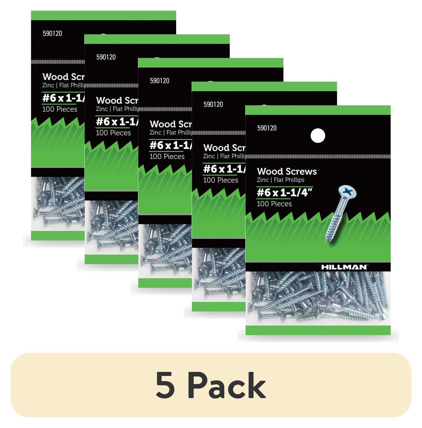 (5 pack) Hillman Wood Screws, #6 x 1-1/4", Steel, Zinc, Interior Screw, Phillips, Silver, 100 pack