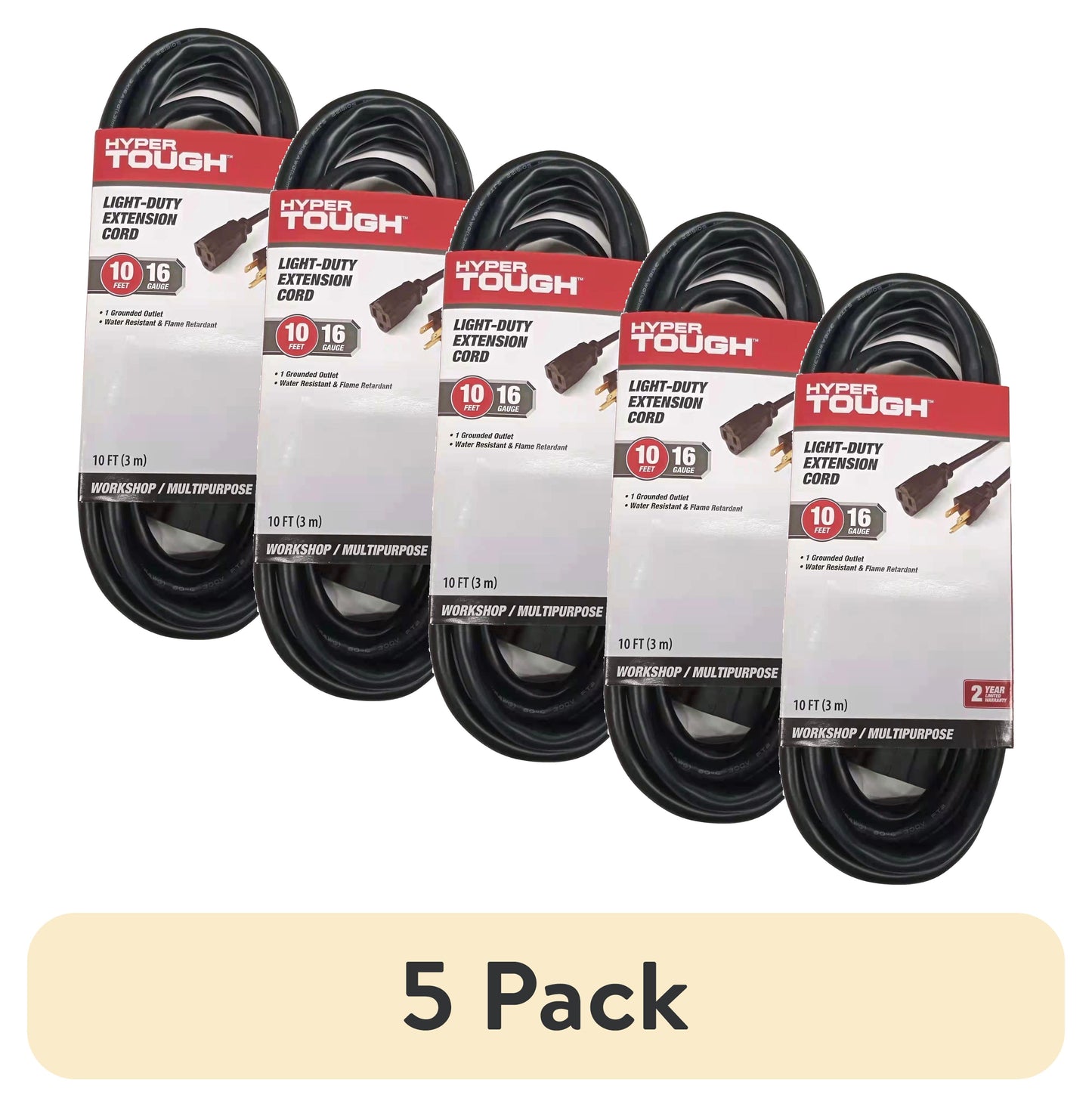 (5 pack) Hyper Tough 10FT 16AWG 3 Prong Black Outdoor Single Outlet Extension Cord, 13 amps