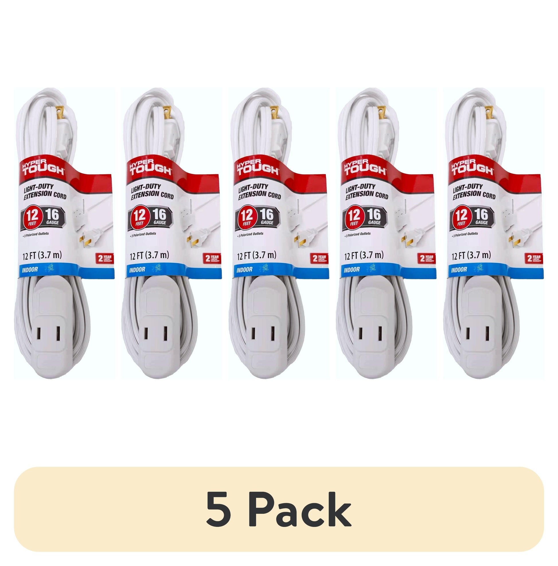 (5 pack) Hyper Tough 12FT 16AWG 2-Prong White Indoor Extension Cord, 125V, 13A