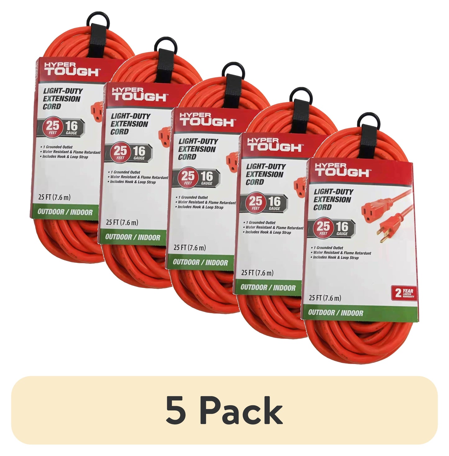 (5 pack) Hyper Tough 25FT 16AWG 3 Prong Orange Outdoor Extension Cord with Single Outlet, 125V, 13A