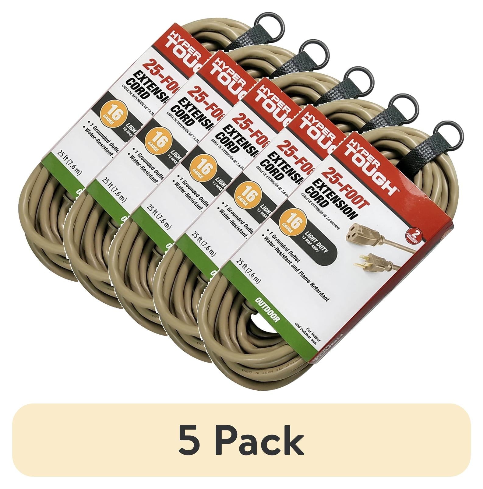 (5 pack) Hyper Tough 25FT 16AWG 3 Prong Tan Single Outlet Outdoor Extension Cord 125V 13A