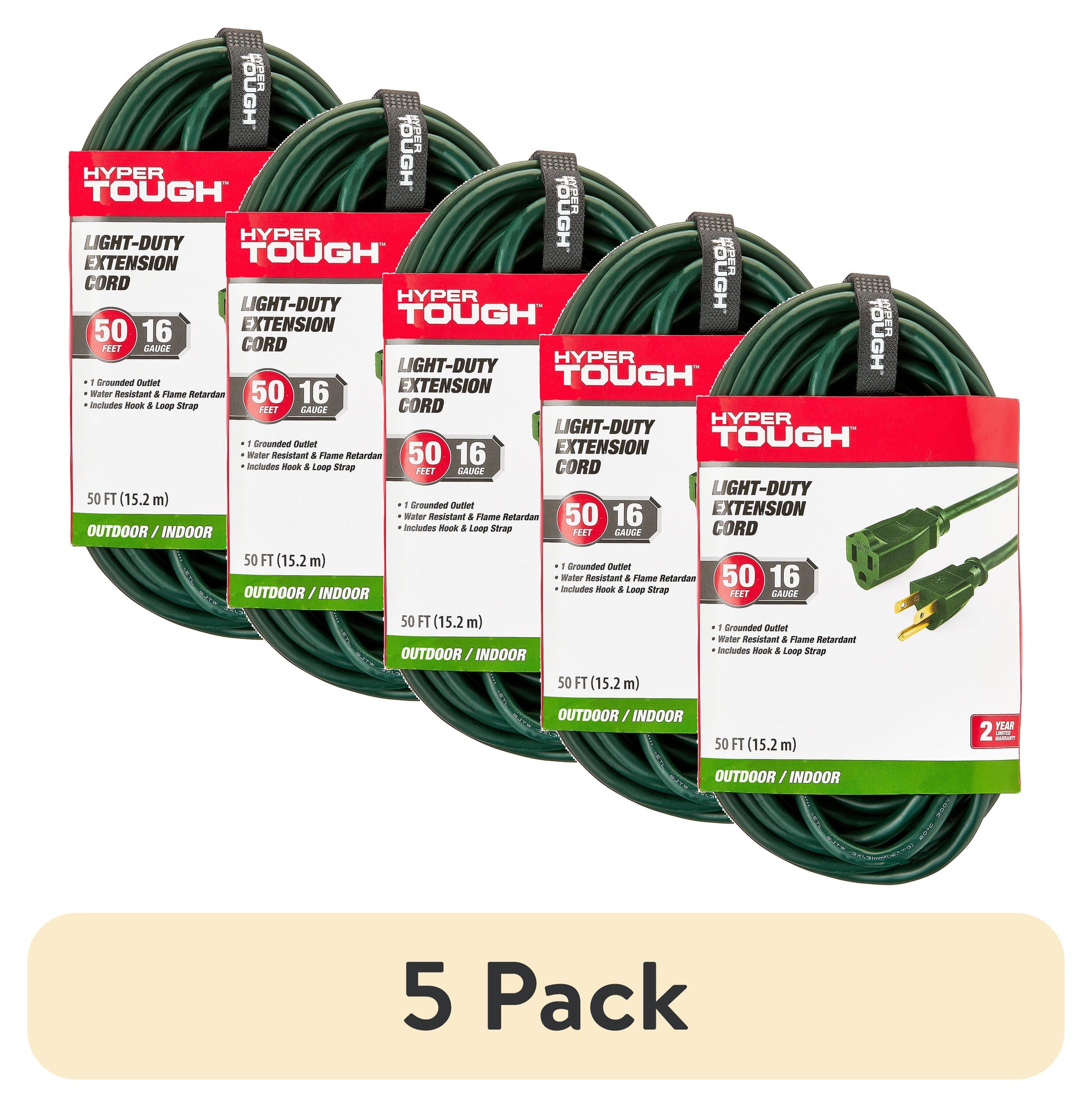 (5 pack) Hyper Tough 50 Ft 16AWG 3-Prong Green Single Outlet Outdoor Extension Cord, 13 Amps