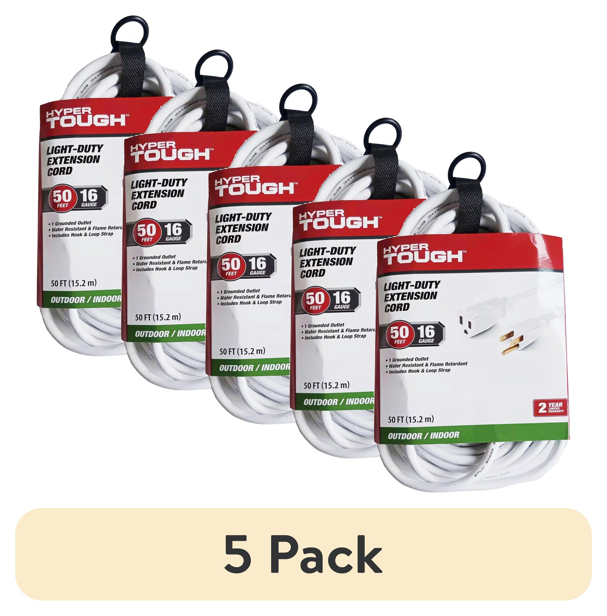 (5 pack) Hyper Tough 50FT 16AWG 3-Prong White Single Outlet Outdoor Extension Cord, 125V, 13A