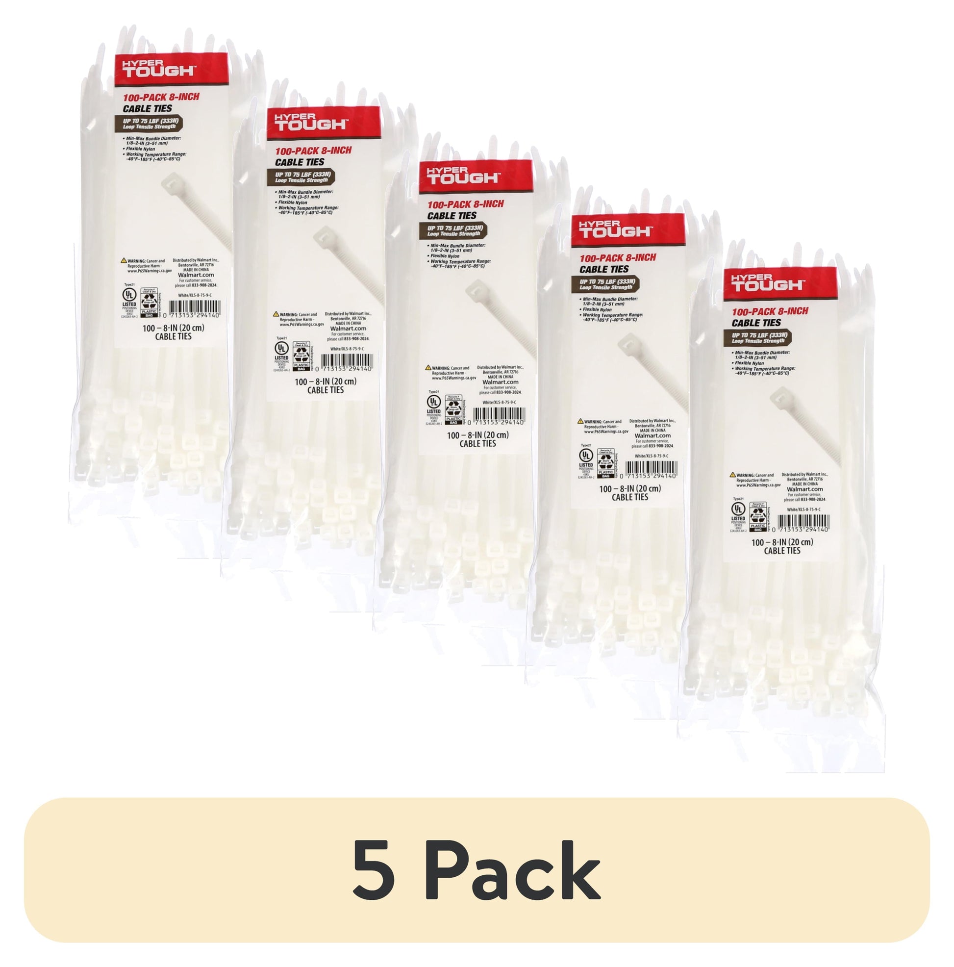(5 pack) Hyper Tough 8inch Cable Tie Natural 100Pcs