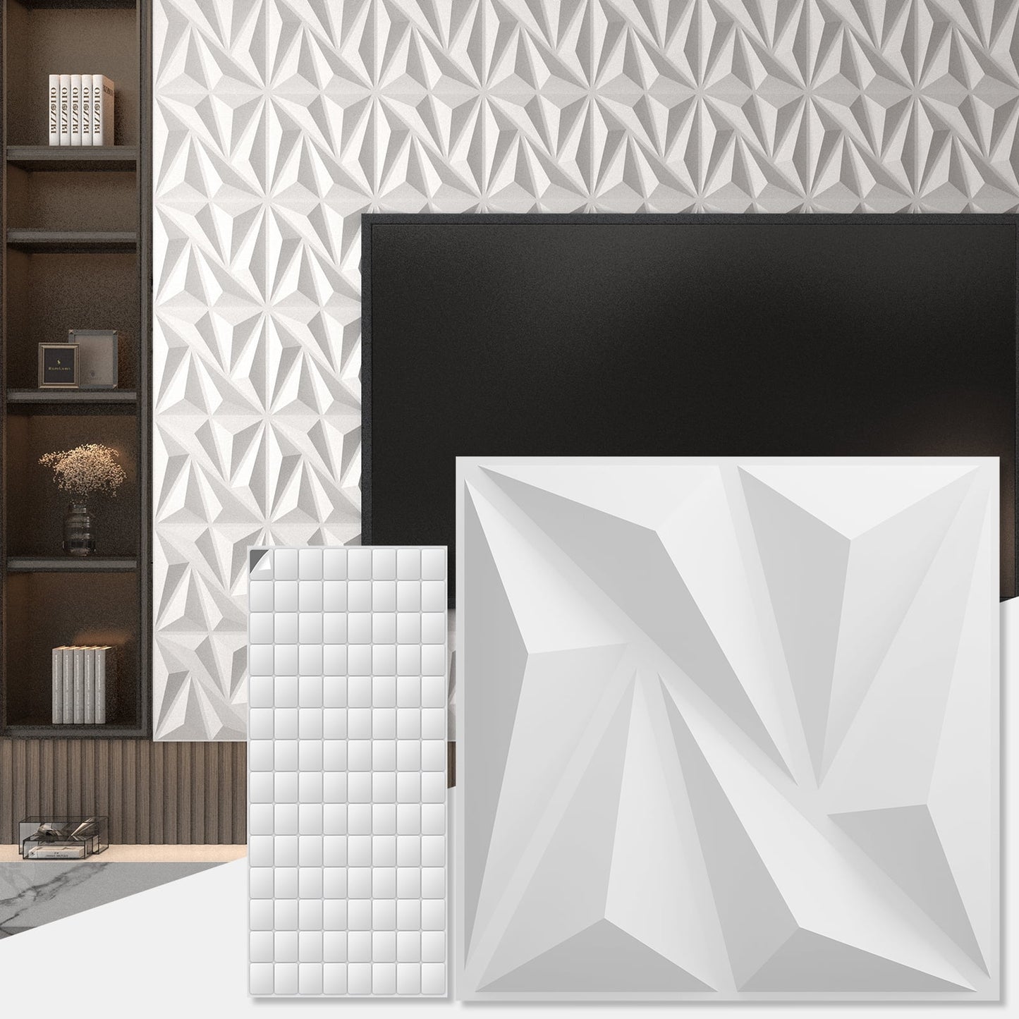 50-Pack 11.8" x 11.8" PVC 3D Wall Panels - Diamond Design Textured Decorative Panel With Peel & Stick Mounting Tape, Easy Install for Home & Office