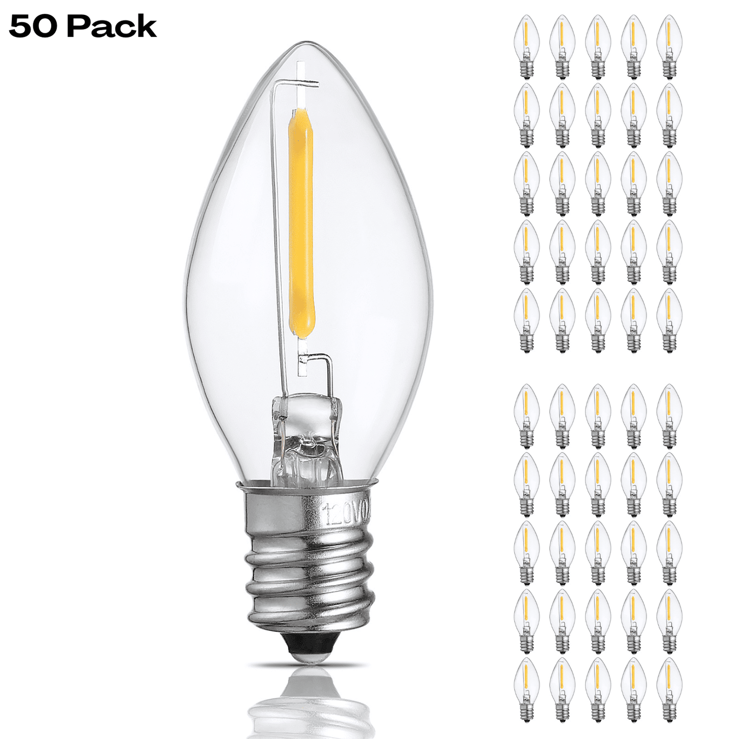 TORCHSTAR 25Pack C7 LED Christmas Light Bulb, 0.6W Clear Glass C7 Replacement Bulbs, 2700K Soft White, E12 Candelabra Base Night Light Bulbs, Non-Dimmable LED Filament Bulb
