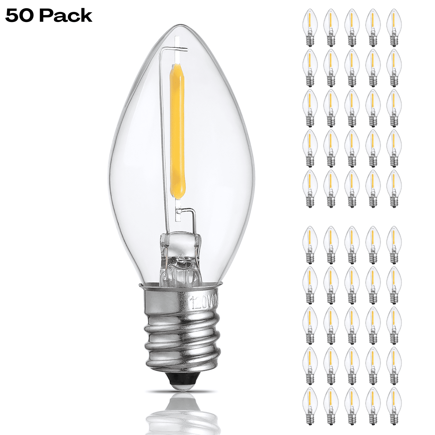 TORCHSTAR 25Pack C7 LED Christmas Light Bulb, 0.6W Clear Glass C7 Replacement Bulbs, 2700K Soft White, E12 Candelabra Base Night Light Bulbs, Non-Dimmable LED Filament Bulb