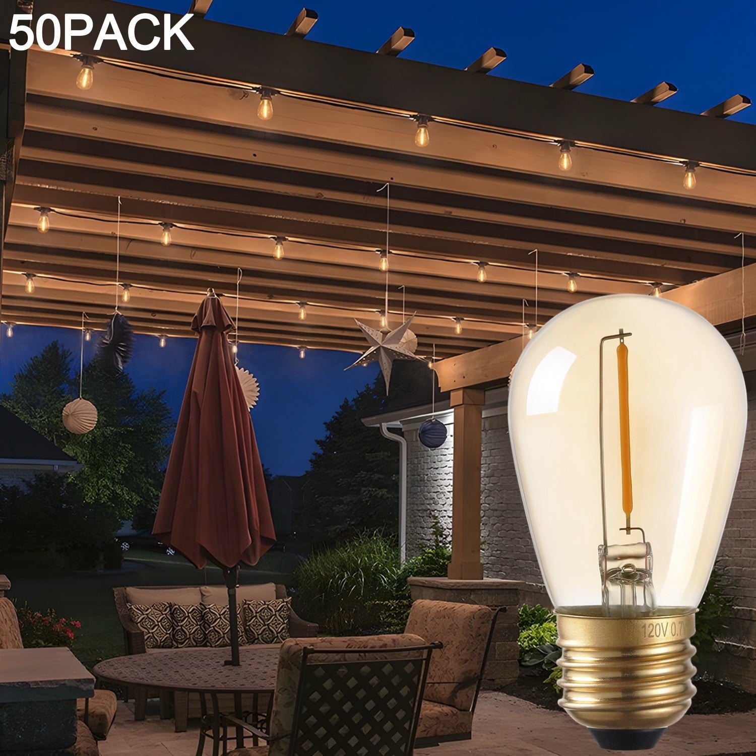 50 Pack S14 LED Bulb, Amber Warm Glass LED Replacement Bulbs, 2200K Amber String Lights, 0.7W E26 Base LED Light Bulbs, Non-Dimmable LED Filament Bulb
