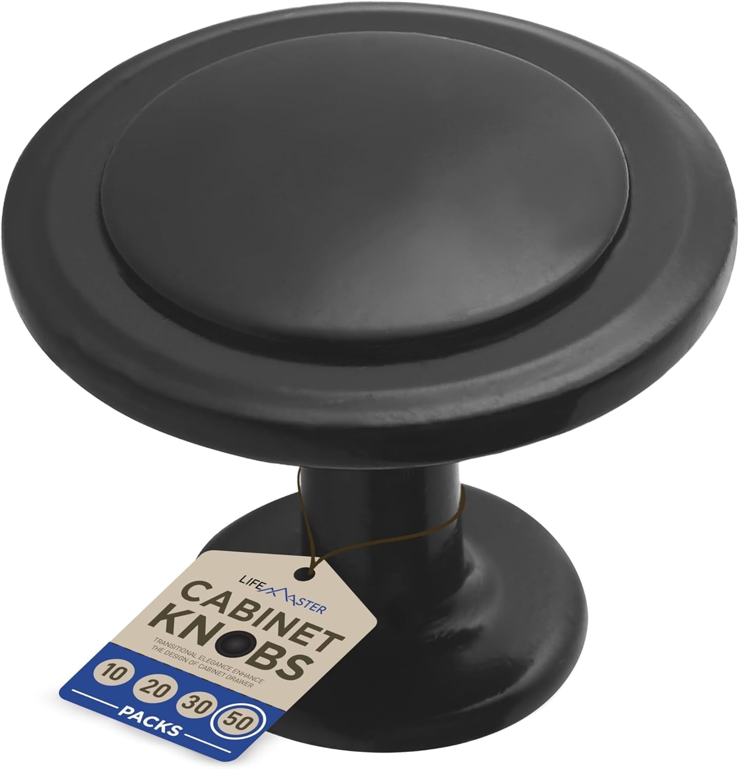 50pcs Matte Black Cabinet Knobs â€“ 1-1/4â€ Modern Drawer Pulls, Durable Zinc Alloy Handles with Short & Adjustable Screws for Kitchen, Dresser, Cabinets