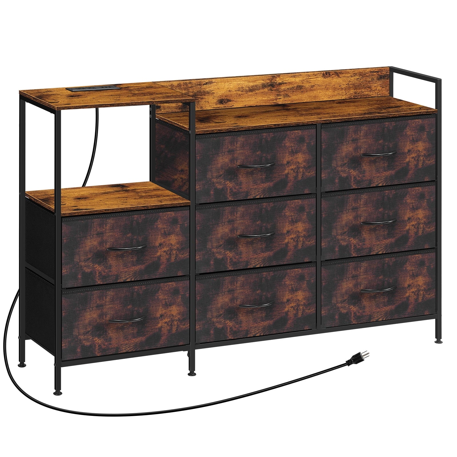 52" Long TV Stand with Charging Stake With 8 Storage Drawers Open Shelves Brown
