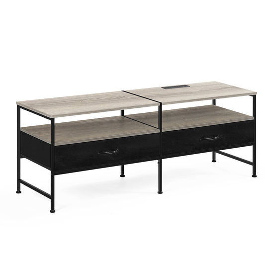 55"L Extended TV Cabinet Industrial TV Cabinet with Fabric for Living Room, Bedroom with Charging Stake Gray