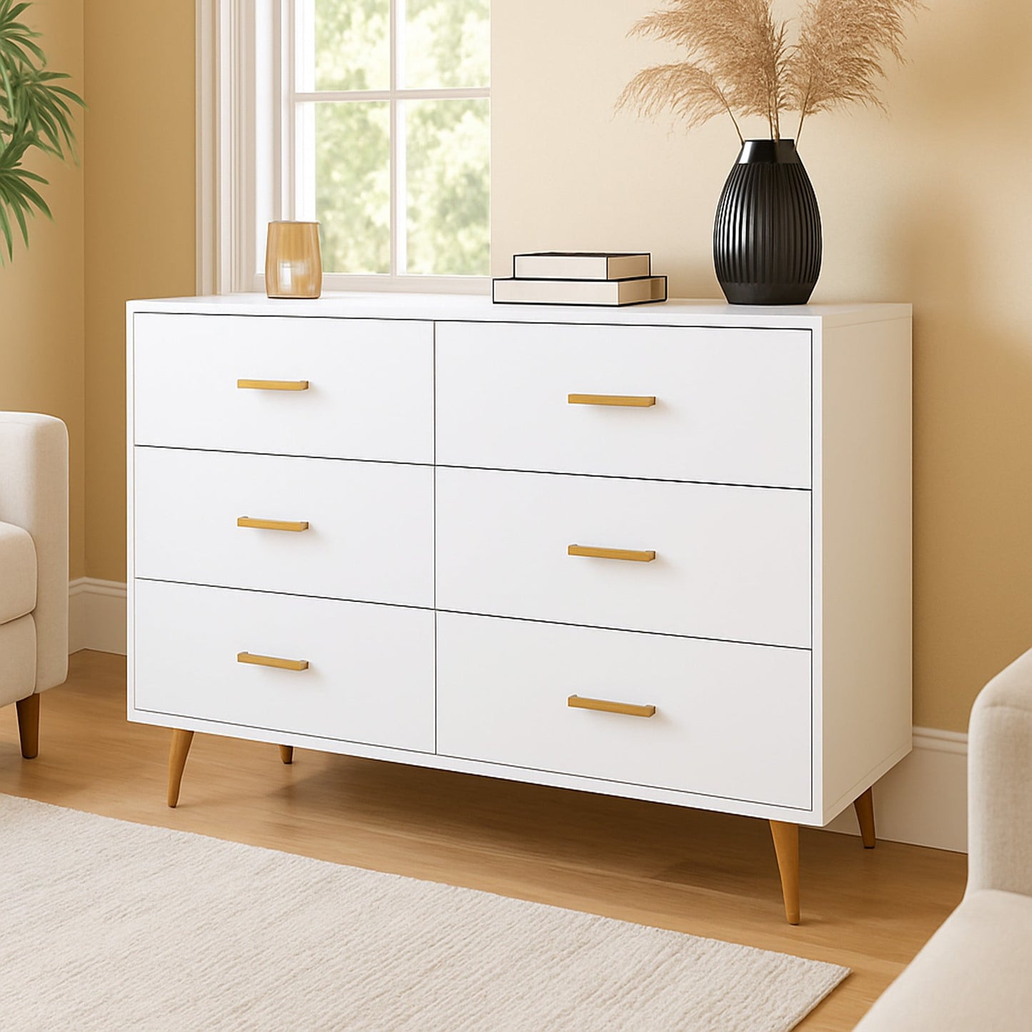 6-Drawers Dresser for Bedroom,Modern High Glossy Surface Chest of Drawer with Golden Steel Legs,Wood Storage Organizer for Living Room,White