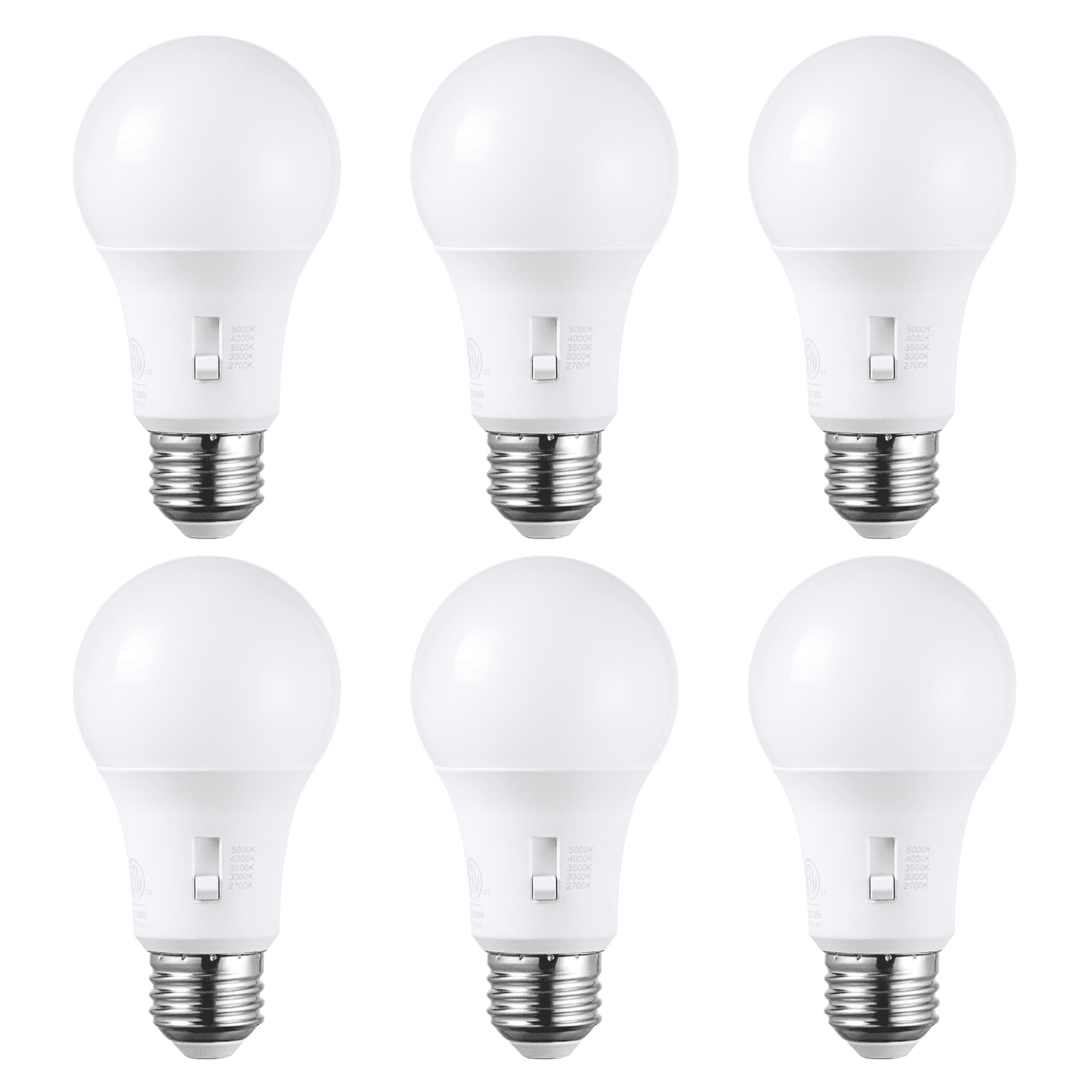 6 Pack 5CCT A19 LED Light Bulb, Dimmable, E26 Base, 2700K/3000K/3500K/4000K/5000K Selectable, 800LM, UL FCC Listed
