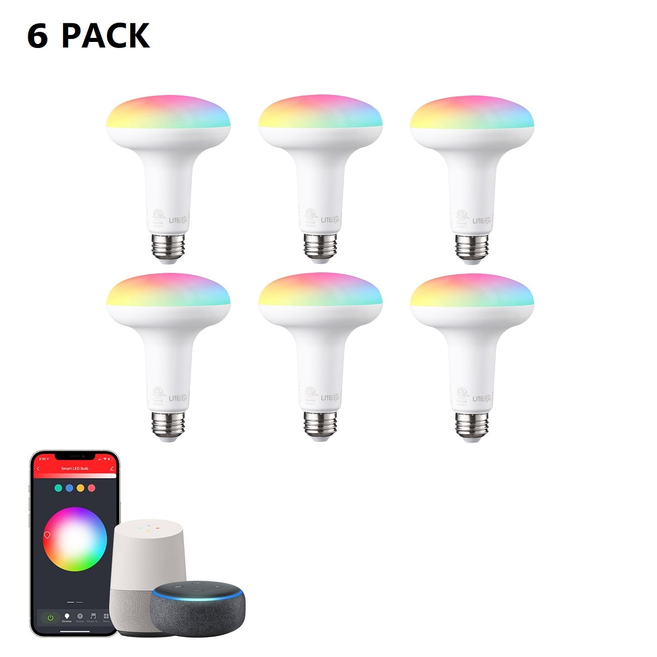 6 Pack BR30 Smart LED Light Bulbs, WiFi & Bluetooth, 60W Equiv, E26 Base
