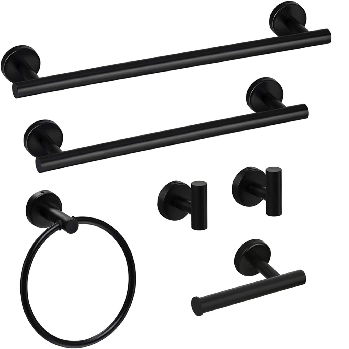 6 Pcs Bathroom Hardware Set,Stainless Steel Round Wall Mounted Includes Hand Towel Bar,Toilet Paper Holder,Robe Towel Hooks,Bathroom Accessories Kit,Black