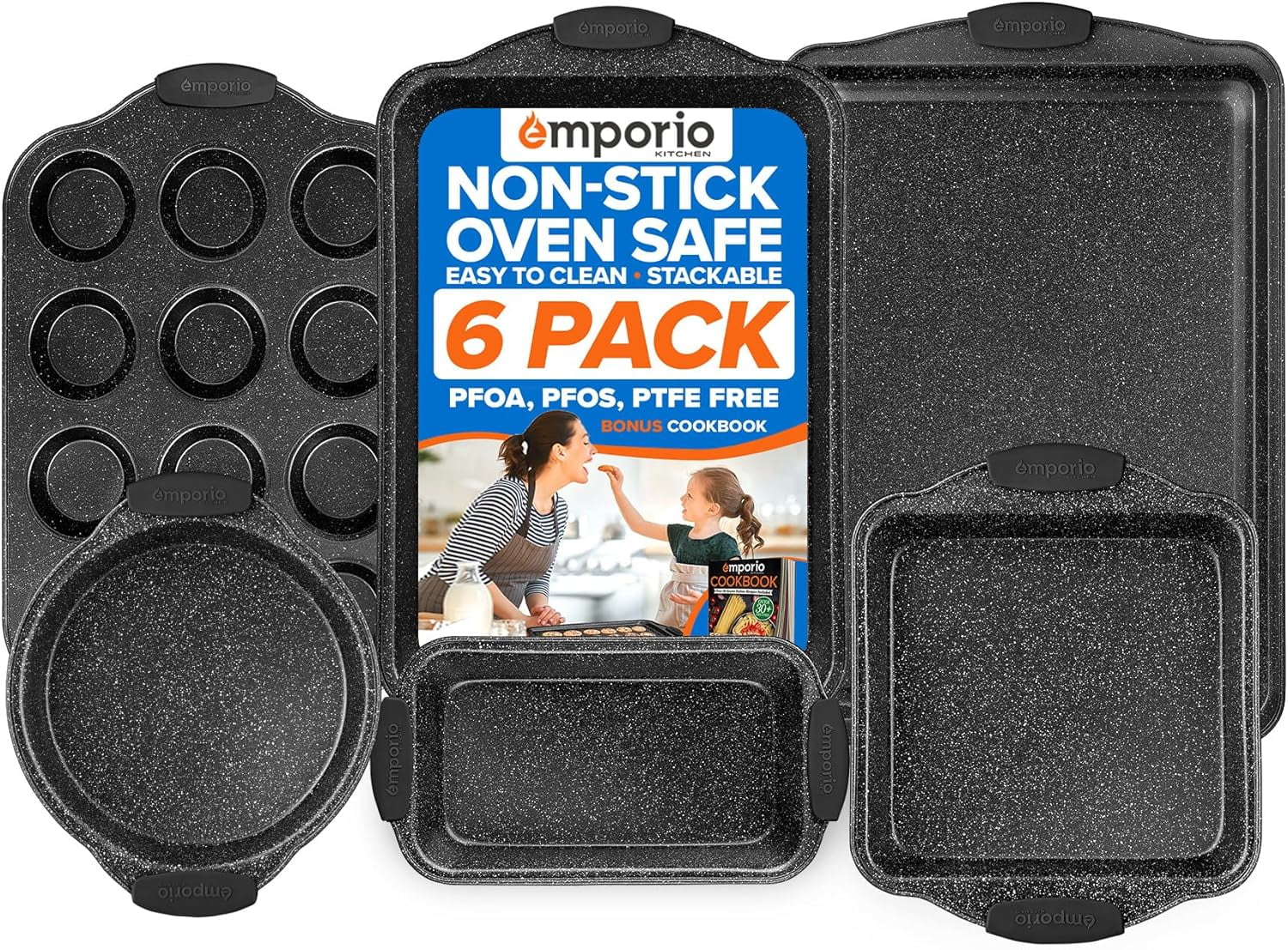 6-Piece Carbon Steel Nonstick Bakeware Set â€“ Gray Silicone Handles, Oven Safe up to 450Â°F, Recipe Booklet Included